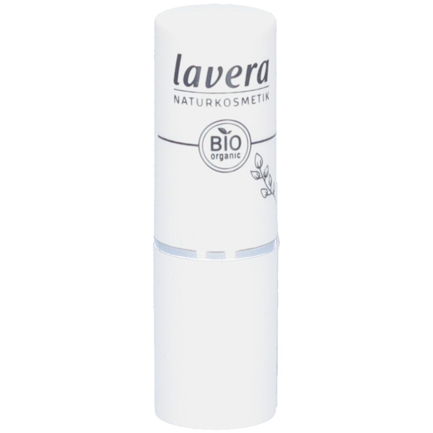 Tube de rouge à lèvres blanche avec logo "lavera NATURKOSMETIK" et label bio. Forme cylindrique.