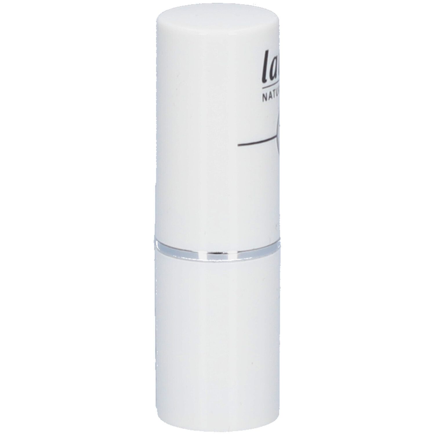 Tube de rouge à lèvres blanc. Forme cylindrique avec bague argentée. Marque "lavera" visible.