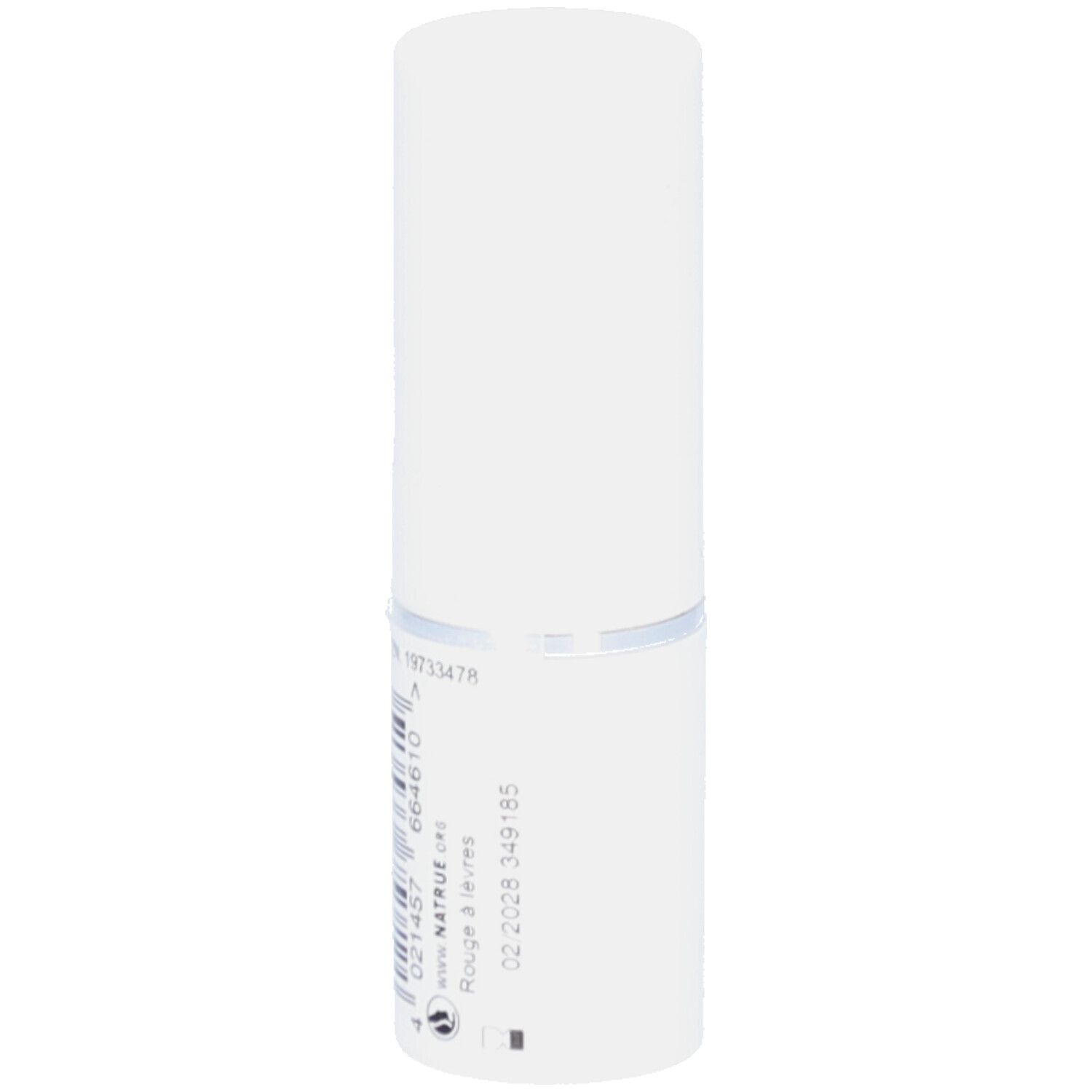 Tube de rouge à lèvres blanc avec code-barres et texte. Forme cylindrique. Texte "Rouge à lèvres" visible.