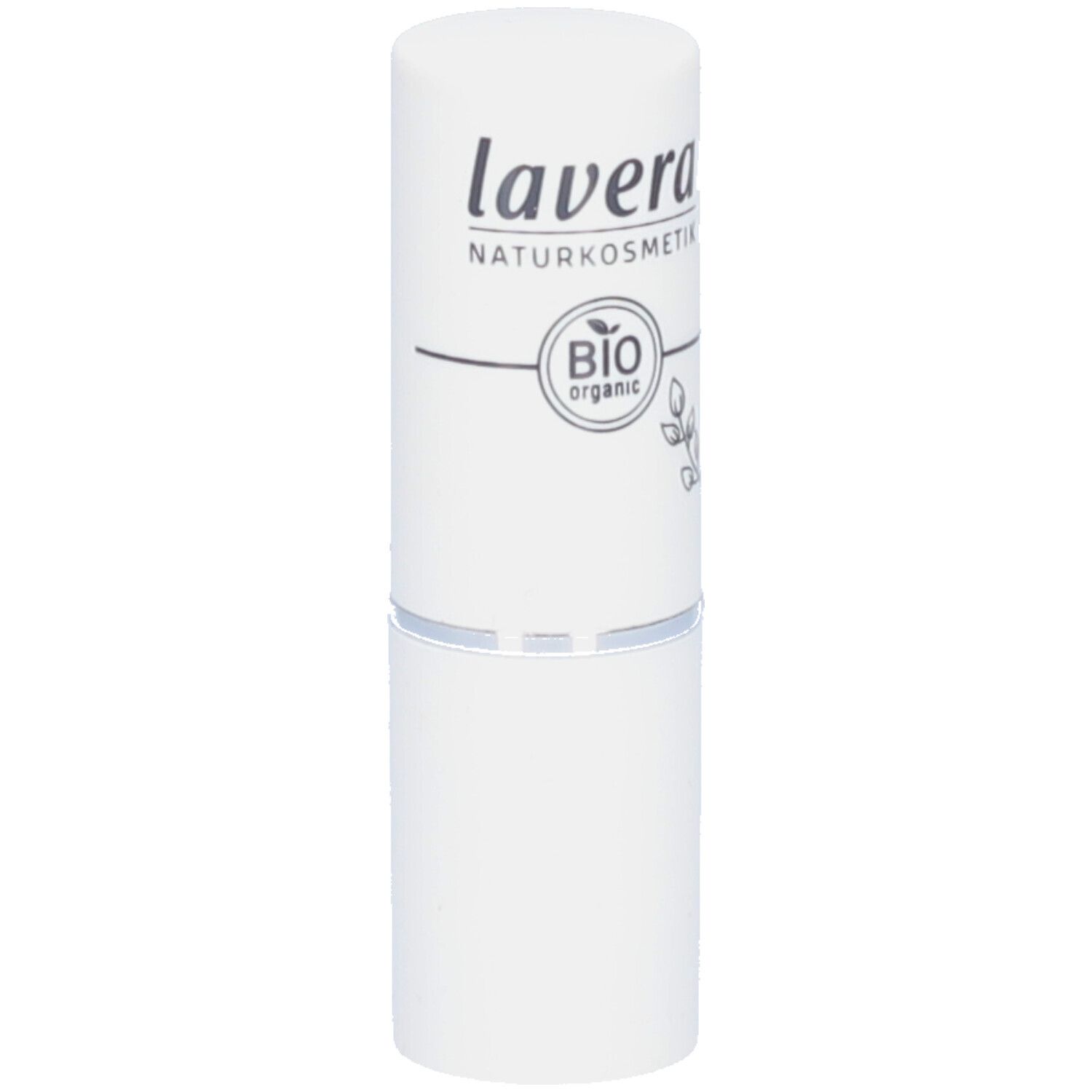 Tube de rouge à lèvres blanc avec logo "lavera NATURKOSMETIK" et label bio. Forme cylindrique.