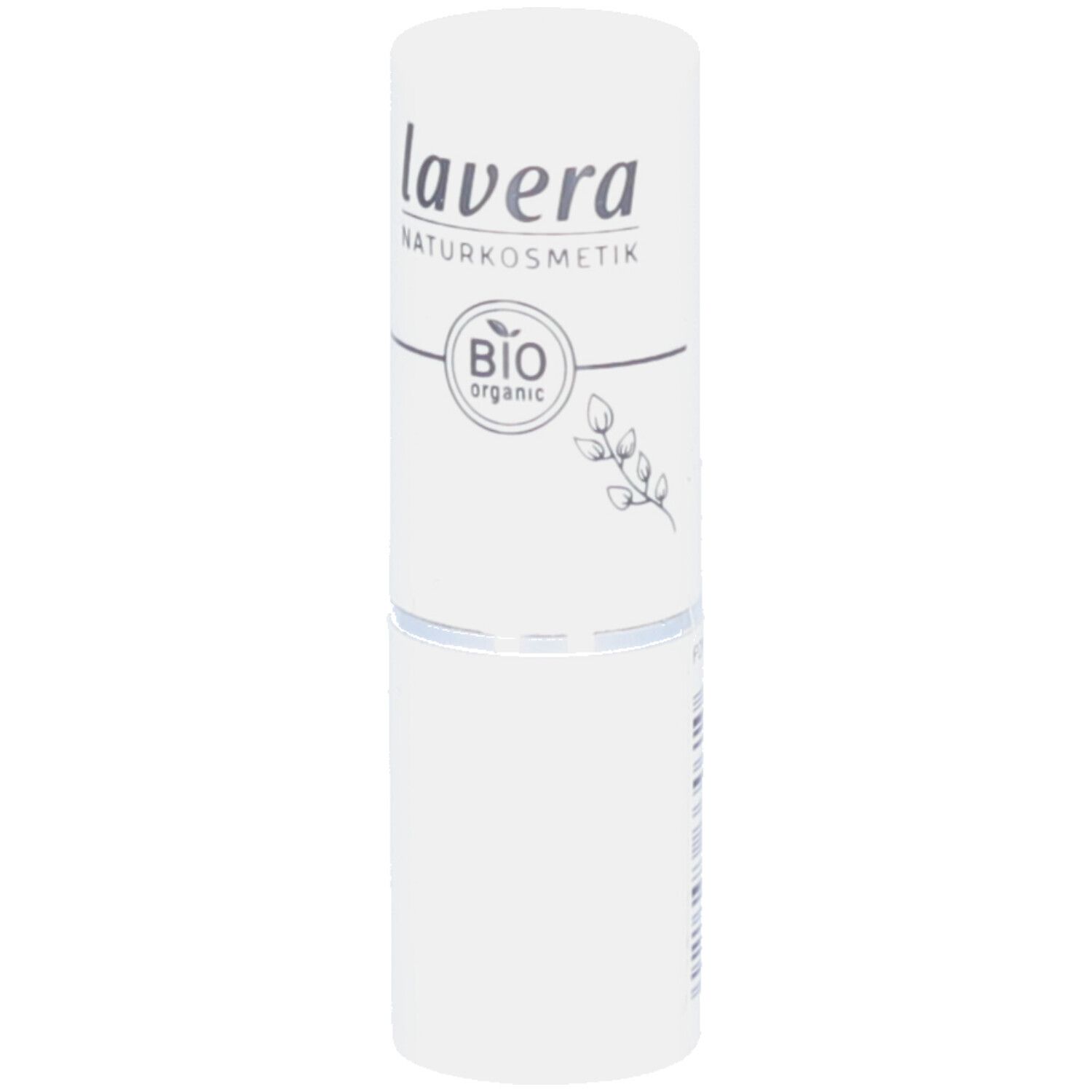 Tube de rouge à lèvres blanc avec logo "lavera NATURKOSMETIK" et label bio. Forme cylindrique.