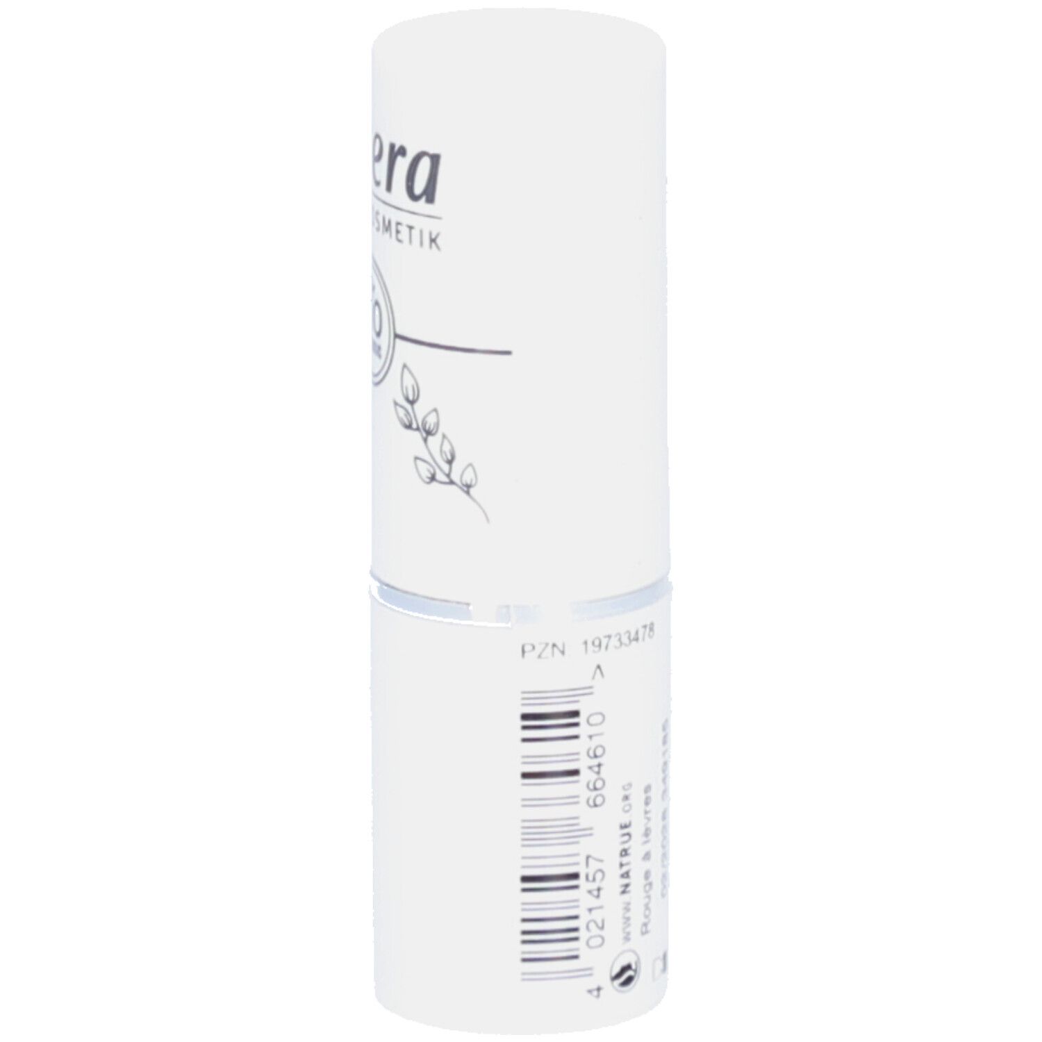 Tube de rouge à lèvres blanc avec texte et logo "lavera". Forme cylindrique. P/N 19733478.