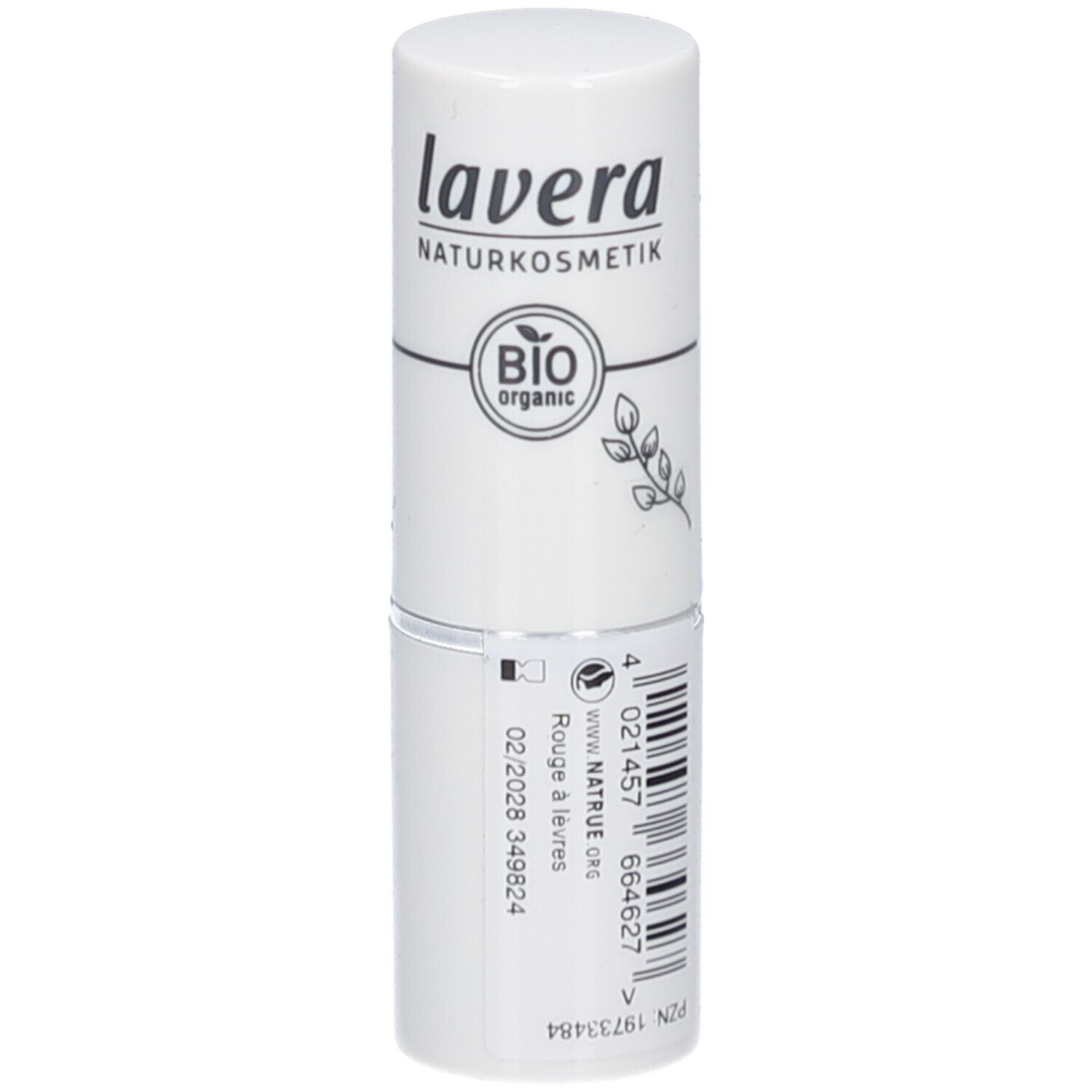 Rouge à lèvres blanc lavera. Le couvercle porte "lavera NATURKOSMETIK" et un label bio. Des informations sont imprimées sur la partie inférieure.