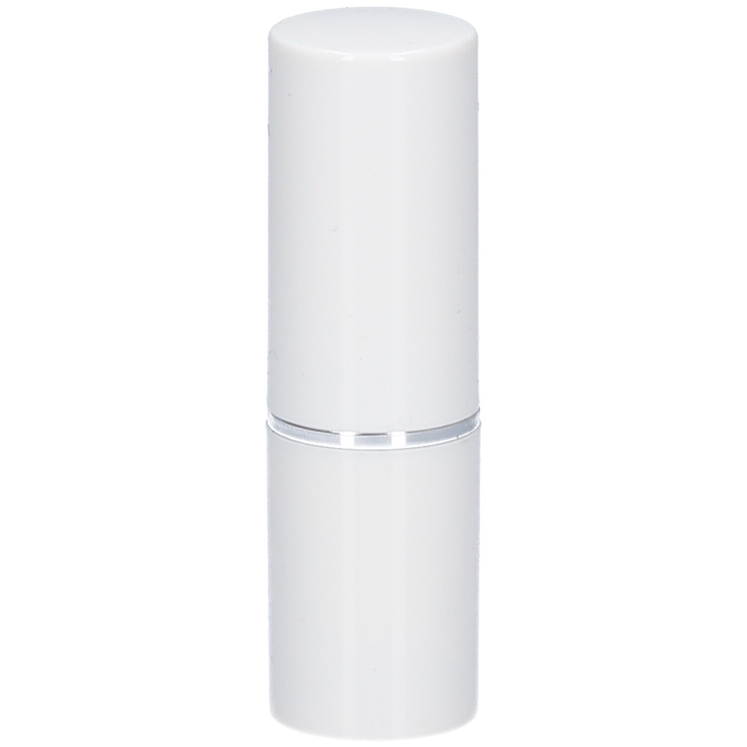 Rouge à lèvres blanc fermé. Le rouge à lèvres a un anneau argenté entre le couvercle et le boîtier.