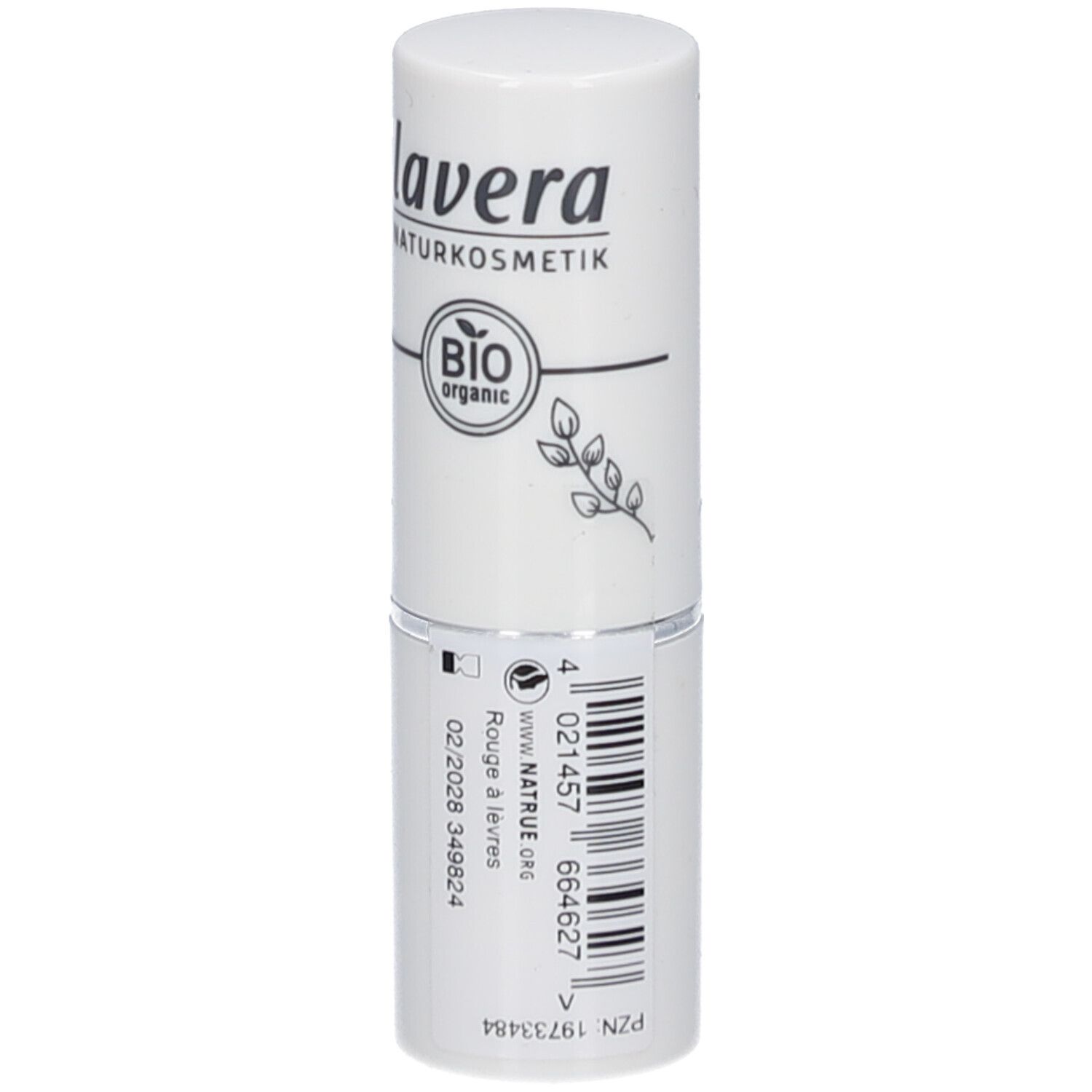 Rouge à lèvres blanc lavera. Le couvercle porte "lavera NATURKOSMETIK" et un label bio. Des informations sont imprimées sur la partie inférieure.