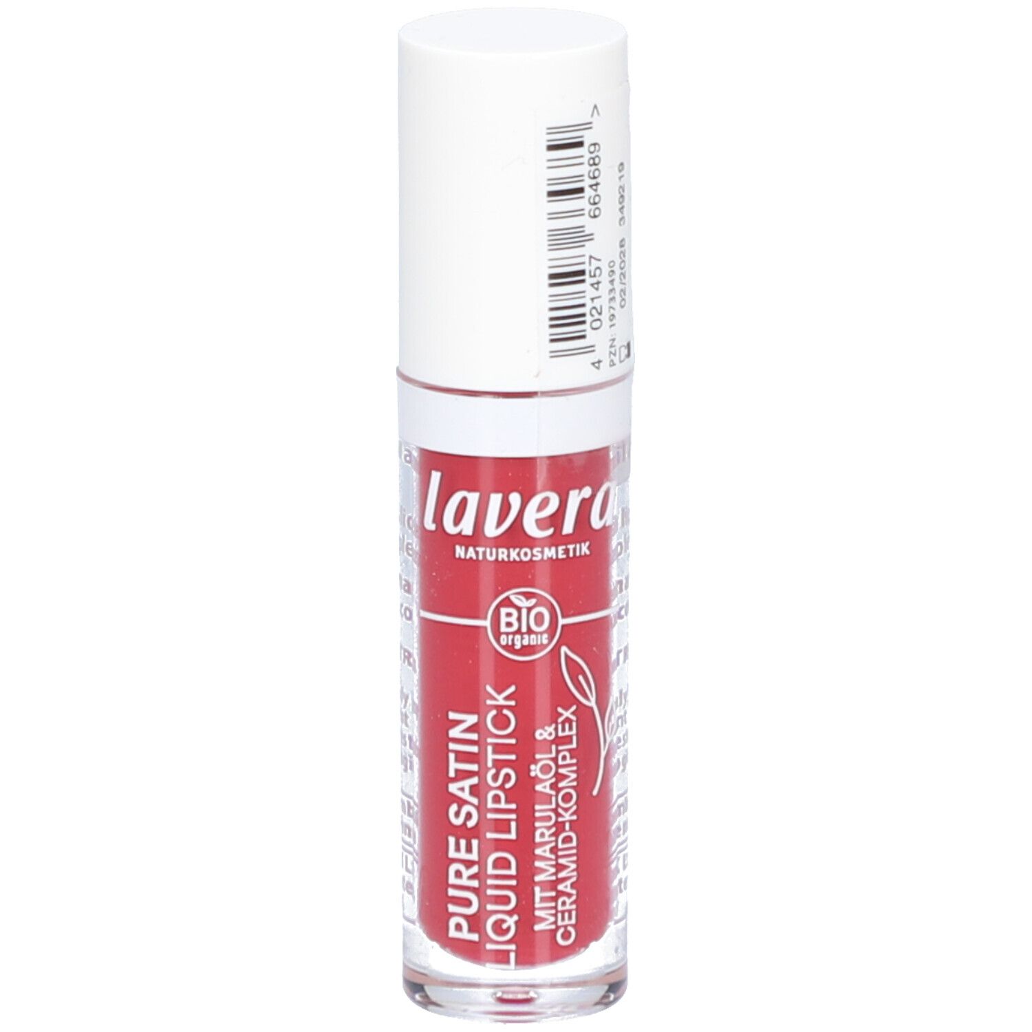 Rouge à lèvres liquide rouge dans un tube transparent avec un capuchon blanc. Inscription: lavera, Pure Satin Liquid Lipstick.