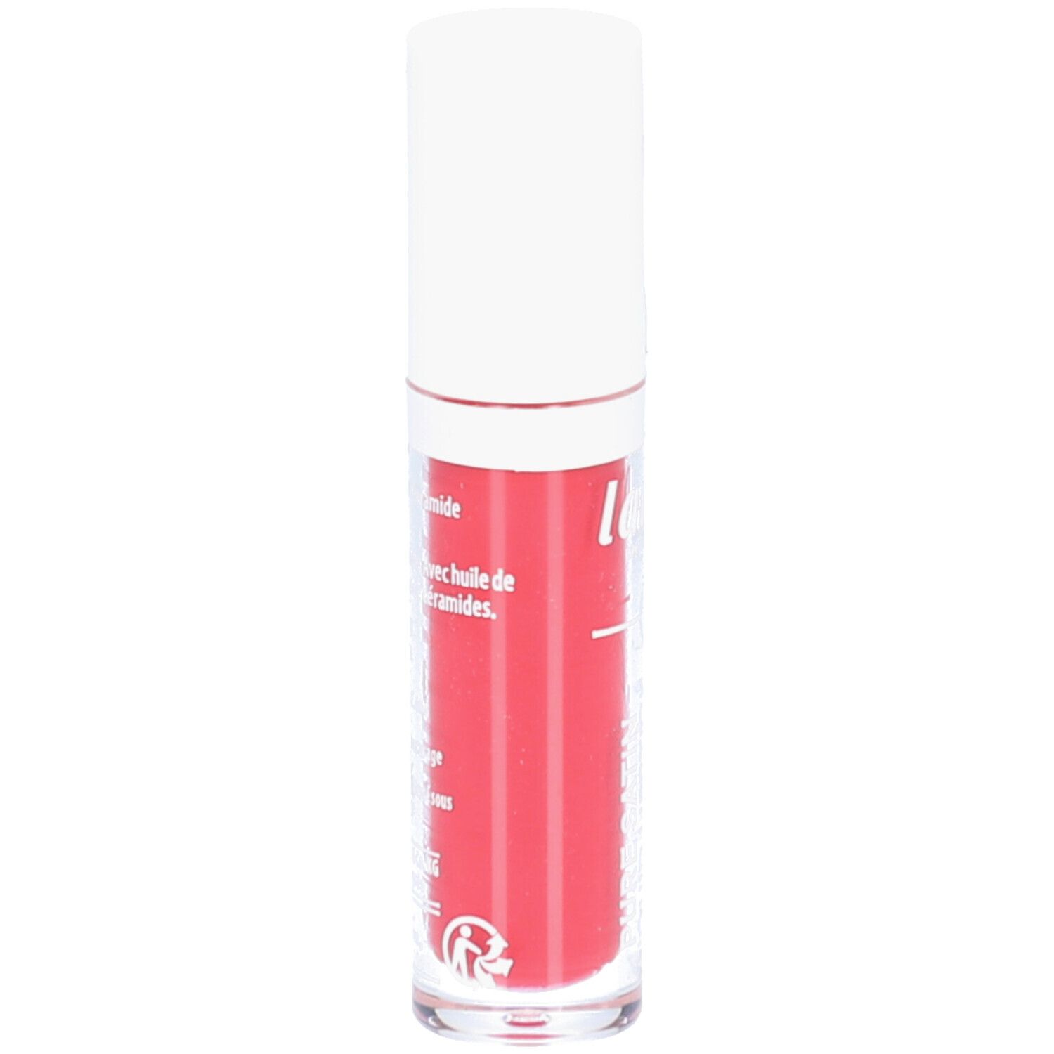 Rouge à lèvres liquide rouge dans un tube transparent avec un capuchon blanc. Inscription: lavera, avec huile de marula & complexe de céramides.