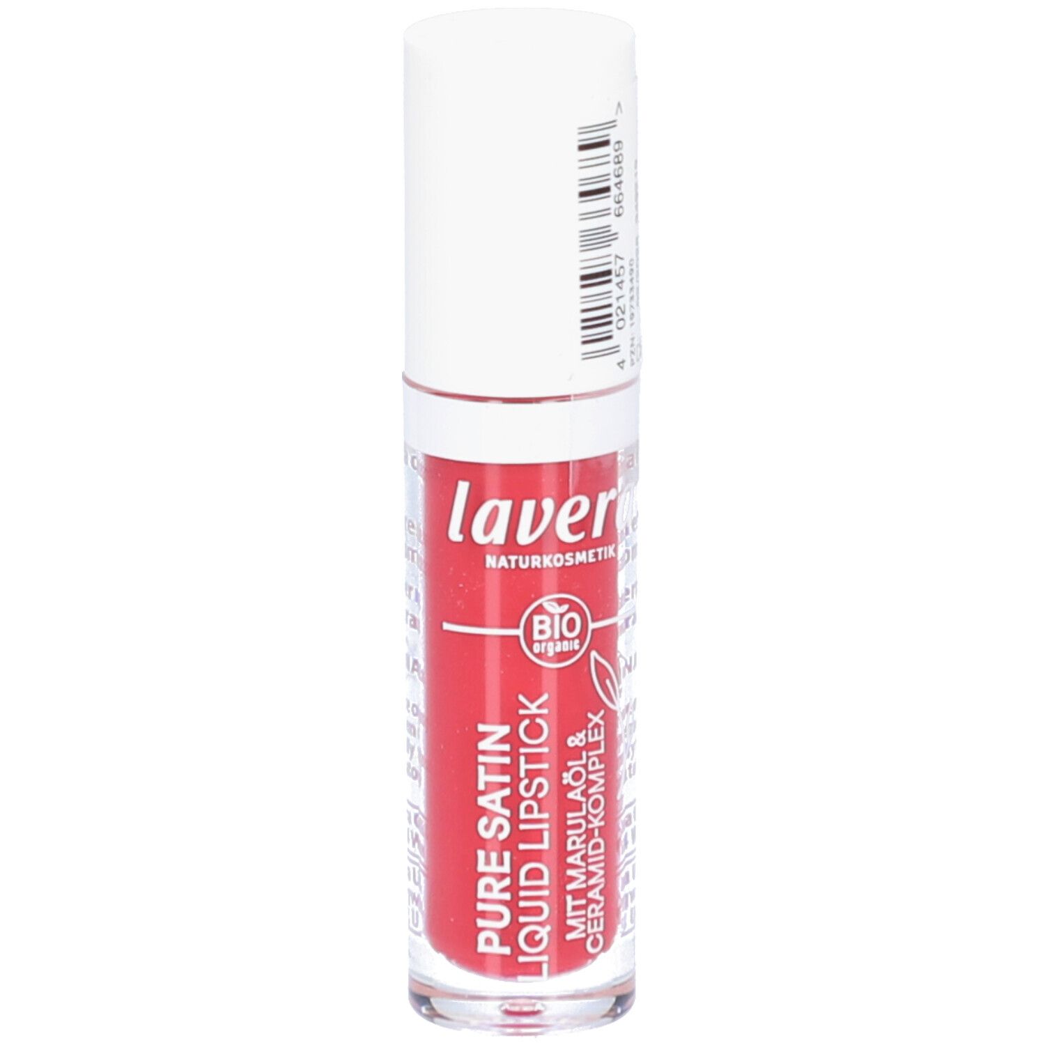 Rouge à lèvres liquide rouge dans un tube transparent avec un capuchon blanc. Inscription: lavera, Pure Satin Liquid Lipstick.