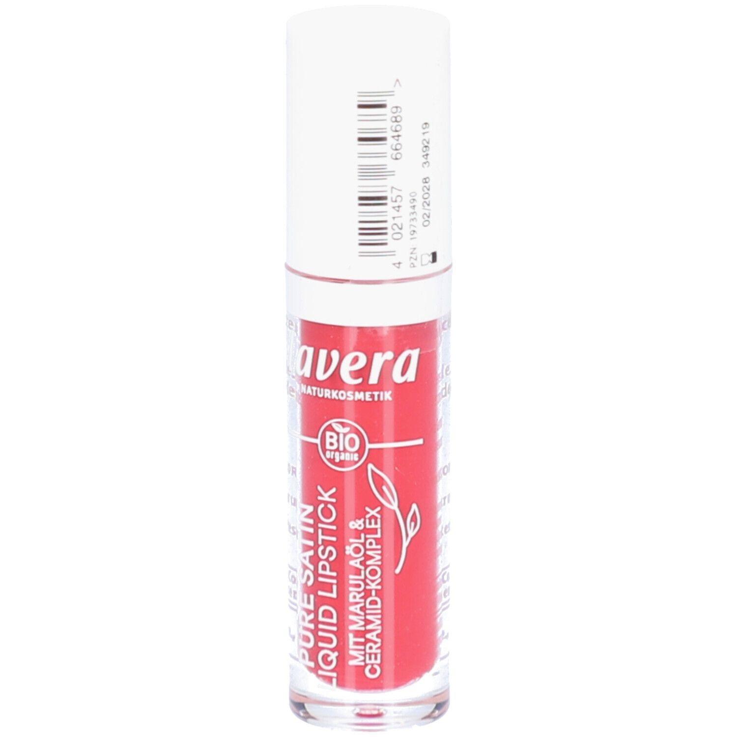 Rouge à lèvres liquide rouge dans un tube transparent avec un capuchon blanc. Inscription: lavera, avec huile de marula & complexe de céramides.
