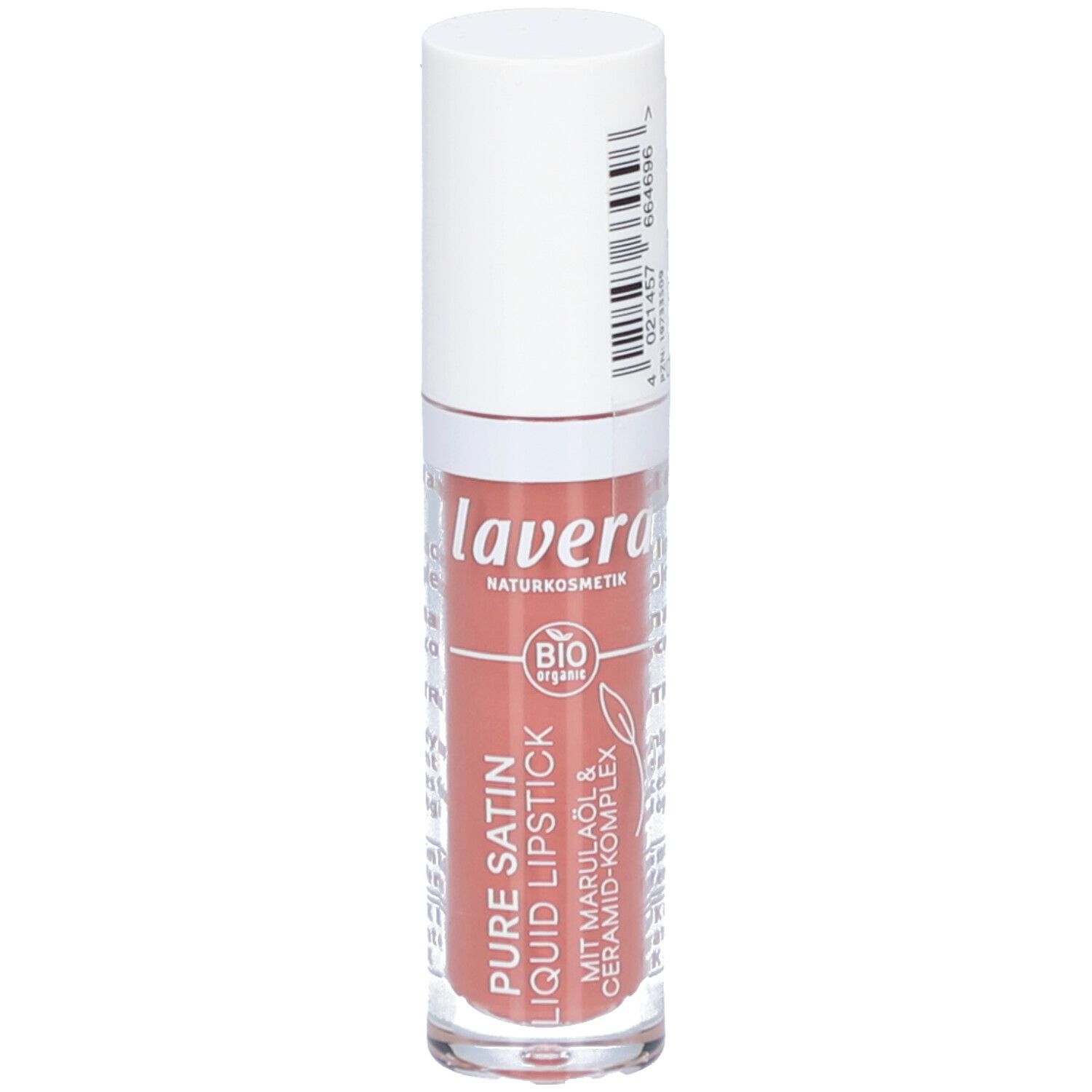 Flüssiger Lippenstift in Nude-Farbe. Marke: lavera. Mit weißem Deckel und transparentem Behälter. Bio-Siegel.