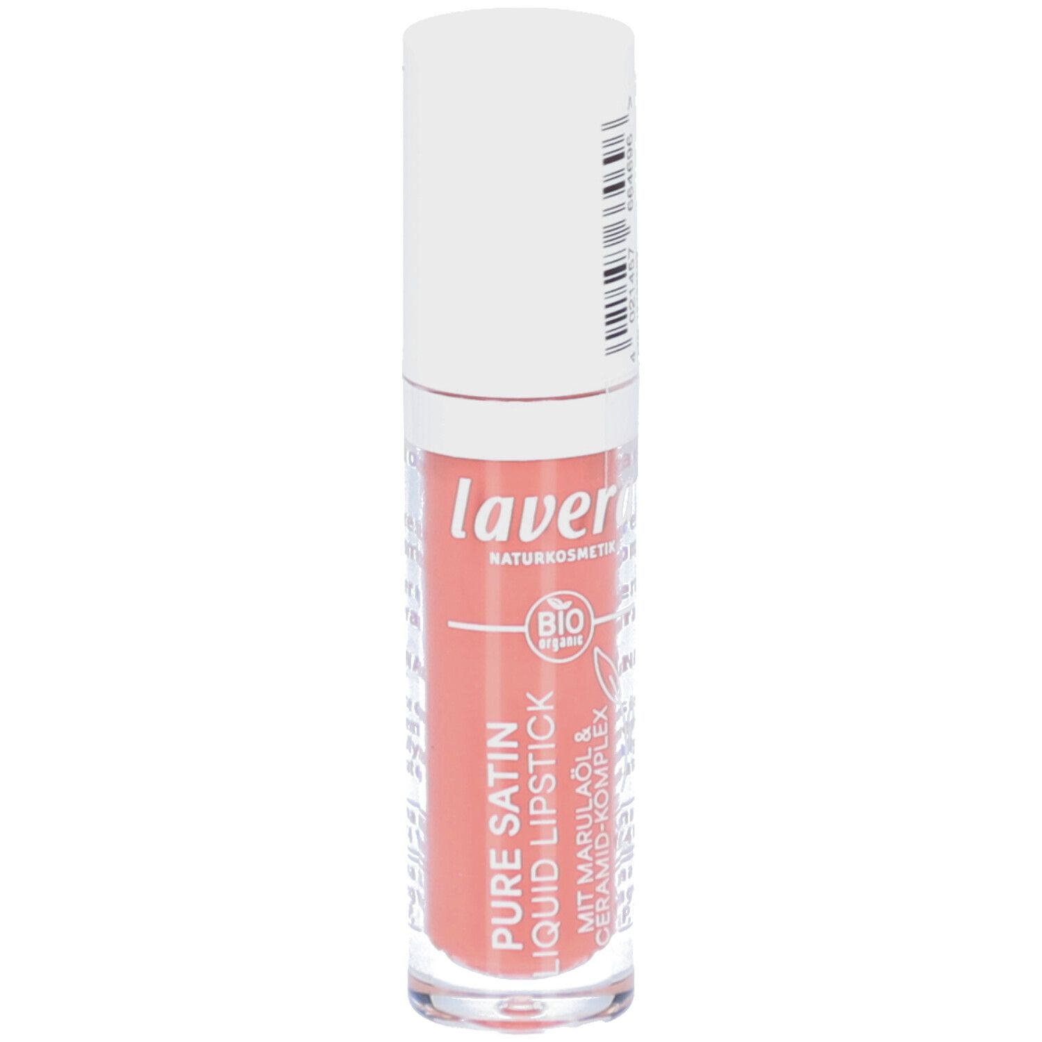 Flüssiger Lippenstift in Nude-Farbe. Marke: lavera. Mit weißem Deckel und transparentem Behälter. Bio-Siegel.