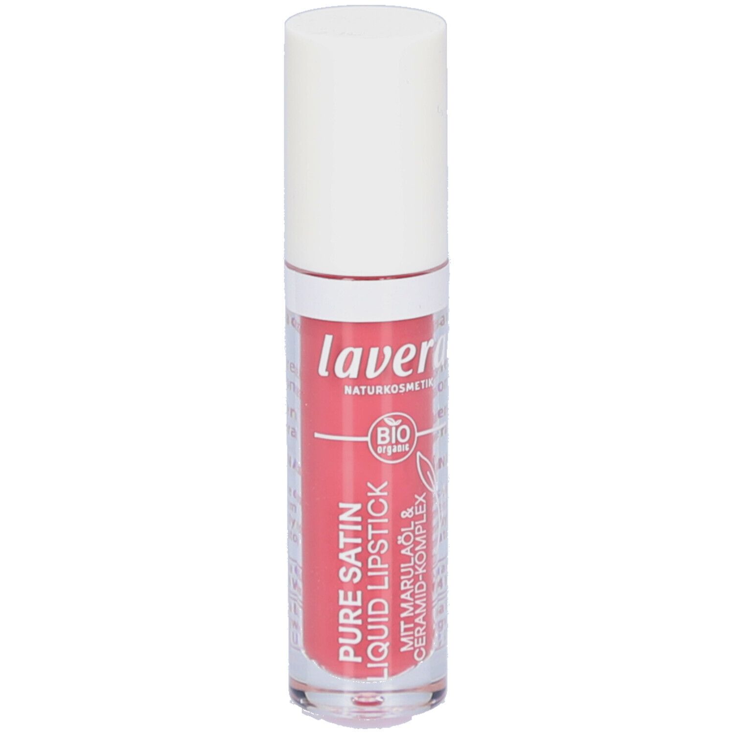 Rouge à lèvres liquide avec bouchon blanc. Inscription: lavera, Pure Satin Liquid Lipstick, label bio.
