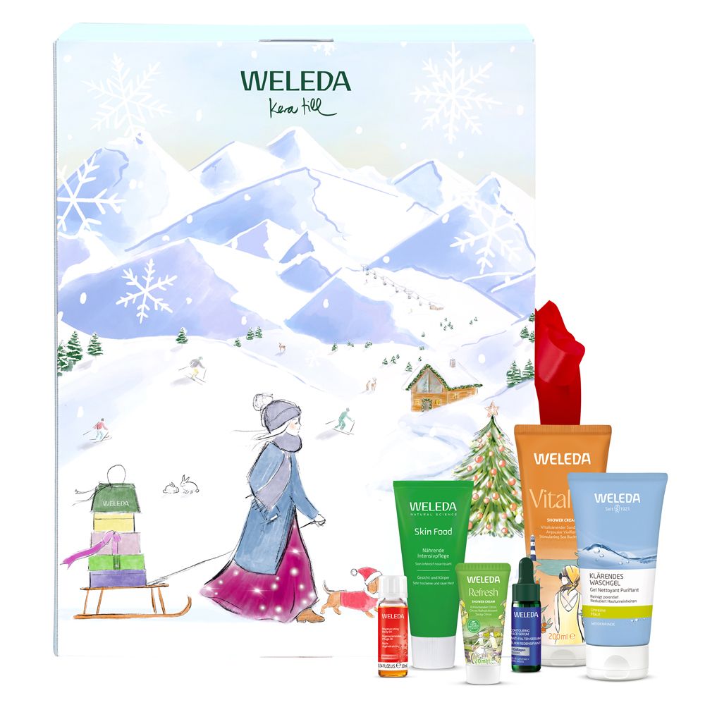 Adventskalender mit Winterlandschaft. Weleda-Produkte: Skin Food, Gesichtscreme, Serum, Duschgel. Verpackung mit Schleife.