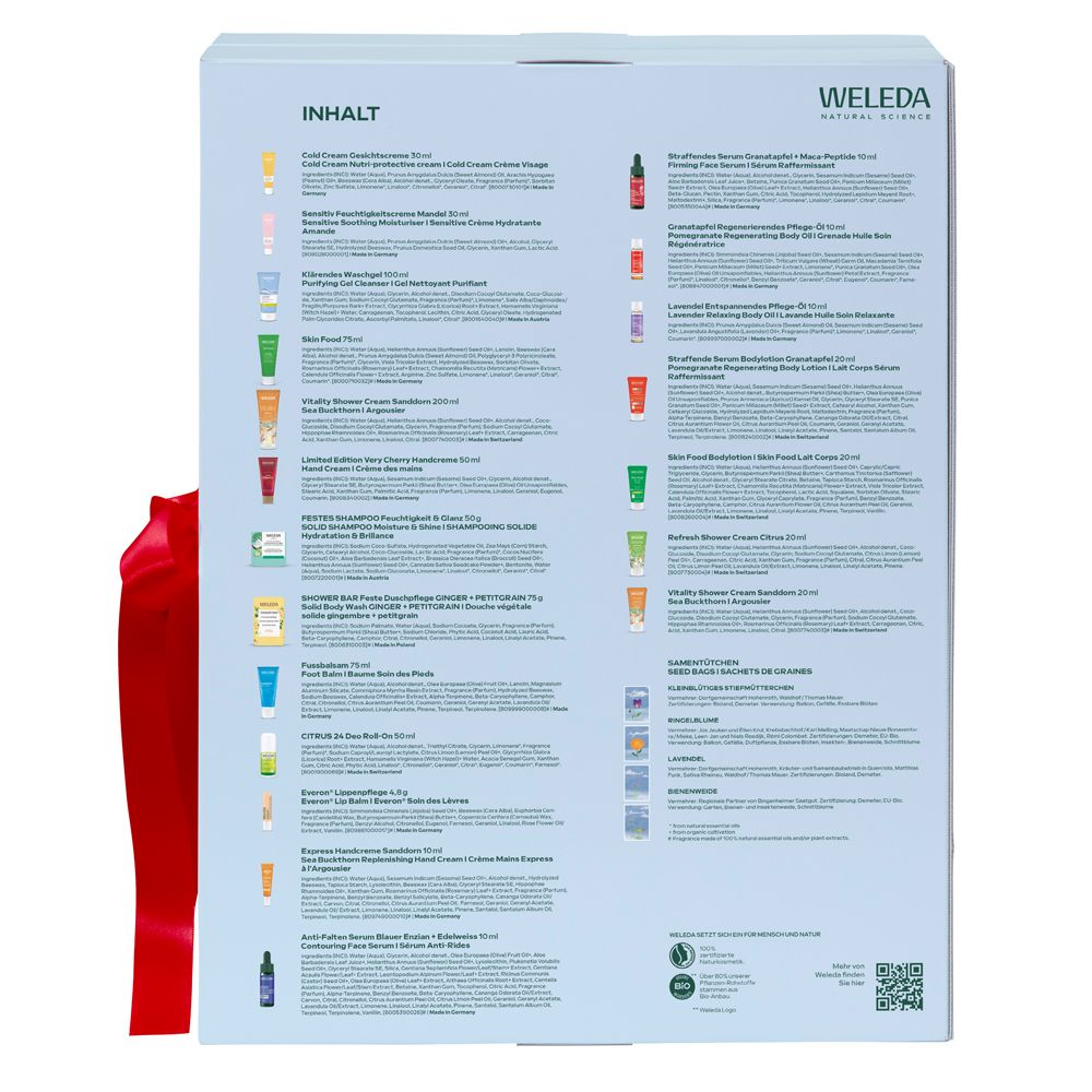 Rückseite des Adventskalenders. Auflistung der enthaltenen Produkte. Weleda-Logo und Produktnamen.