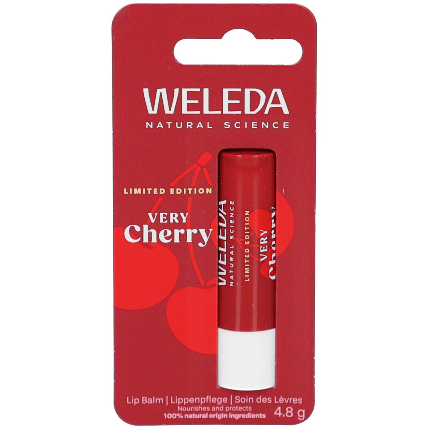WELEDA Very Cherry Lippenpflege in roter Verpackung. Produkt und Verpackung mit Kirschmotiv. Schriftzug: Limited Edition, 4.8 g.