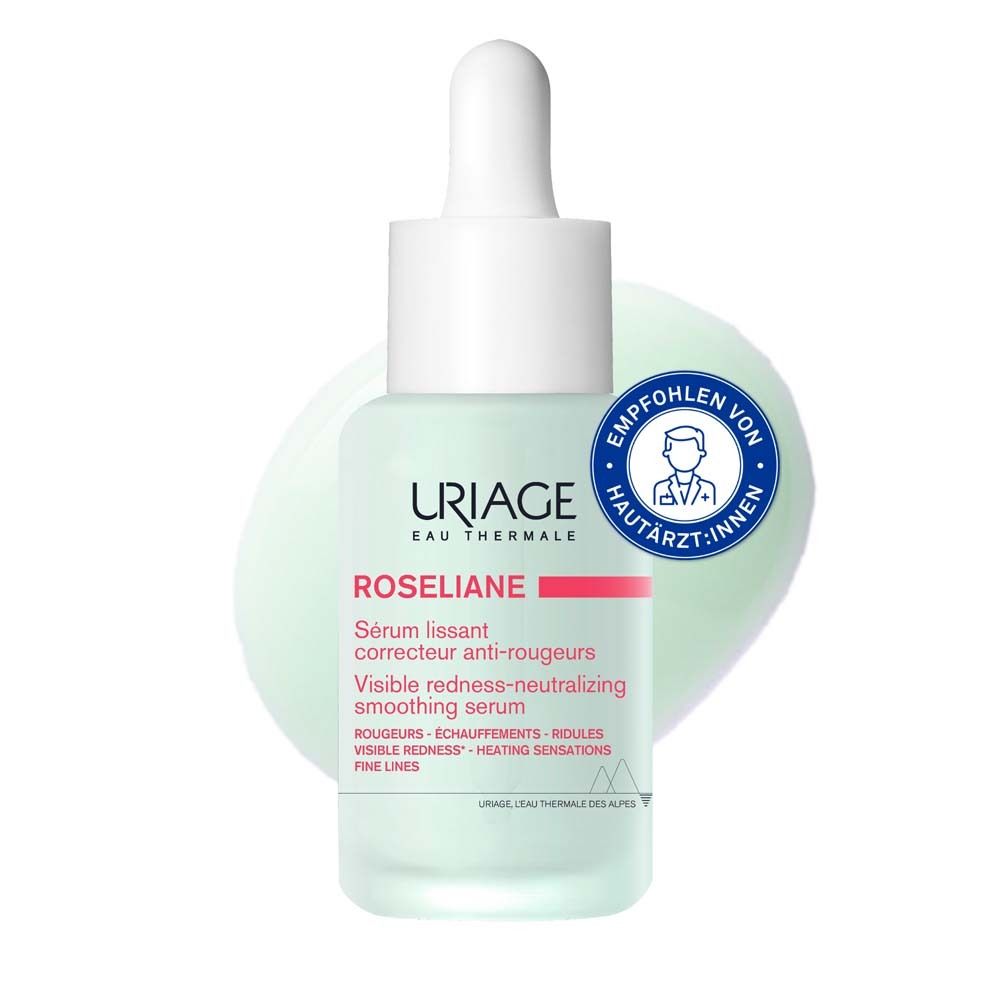 Sérum Uriage Roséliane. Flacon blanc avec pipette. Inscription: Uriage, Roséliane, sérum anti-rougeurs. Recommandé par les dermatologues.
