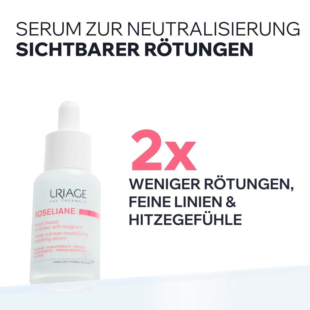 Sérum Uriage Roséliane. Flacon blanc avec pipette. Texte: Sérum pour neutraliser les rougeurs visibles. 2x moins de rougeurs.