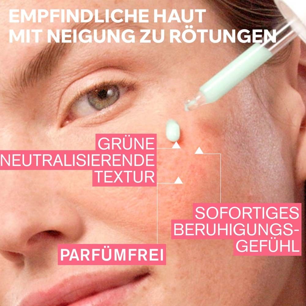 Visage avec rougeurs. Application d'une texture verte. Texte: Texture verte neutralisante, sans parfum, sensation apaisante immédiate.