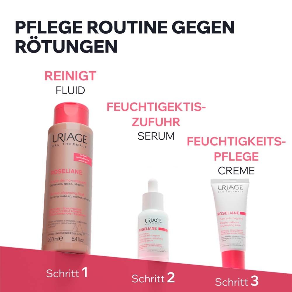 Routine de soins anti-rougeurs. 3 produits: fluide nettoyant, sérum, crème hydratante. Produits Uriage Roséliane.