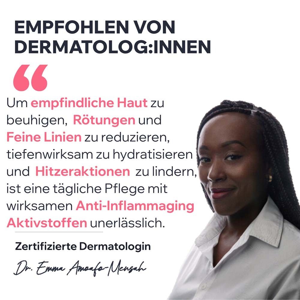 Femme avec texte. Texte: Recommandé par les dermatologues. Actifs anti-inflammatoires. Dermatologue certifiée Dr. Emma Amoafo-Mensah.