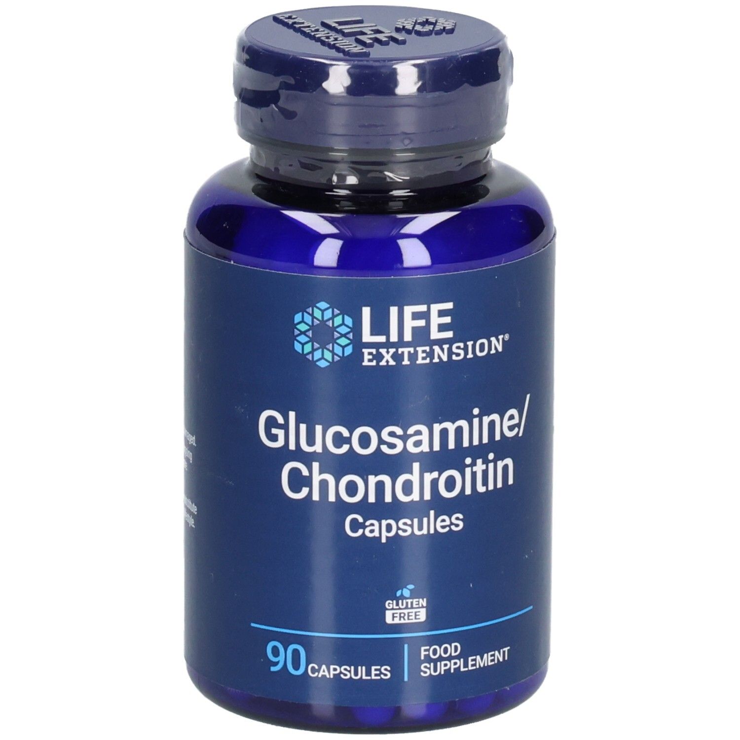 Blaue Flasche mit Kapseln. Aufschrift: LIFE EXTENSION, Glucosamin/Chondroitin Capsules, 90 Kapseln. Glutenfrei.