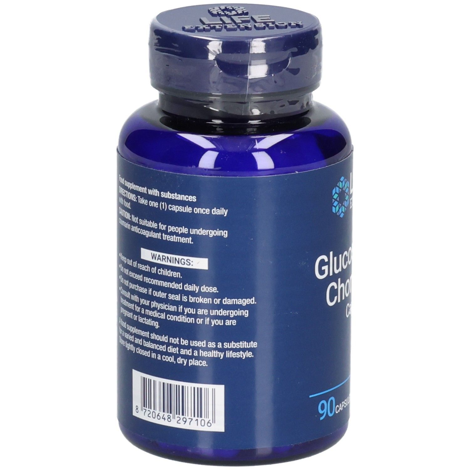 Rückseite der blauen Flasche mit Kapseln. Text: Warnhinweise, Gebrauchsanweisung. Barcode und 90 Kapseln.
