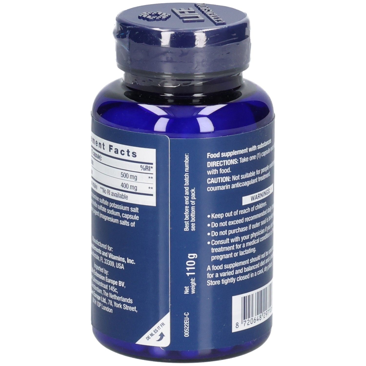 Rückseite der blauen Flasche mit Kapseln. Text: Nährwertangaben, Gewicht 110g. Mindesthaltbarkeitsdatum.