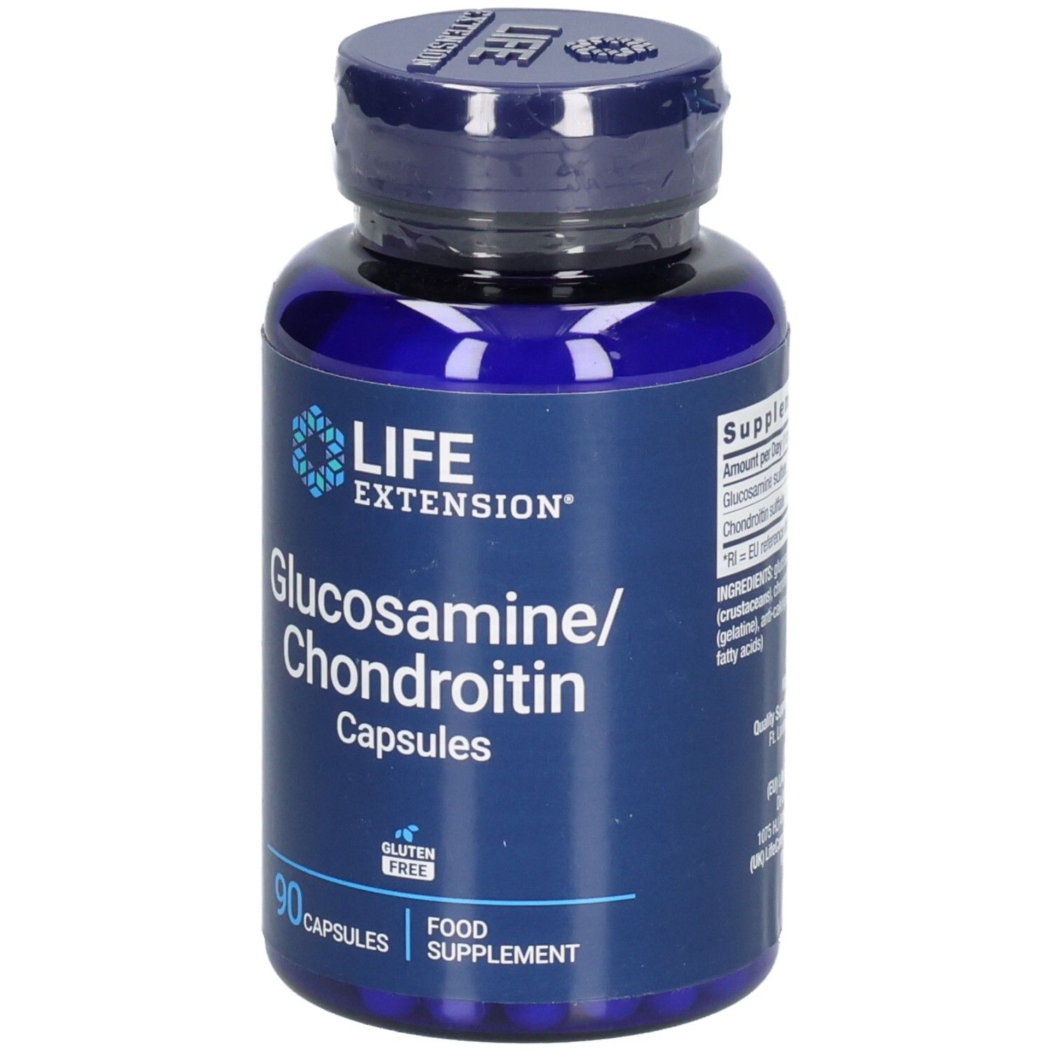 Blaue Flasche mit Kapseln. Aufschrift: LIFE EXTENSION, Glucosamin/Chondroitin Capsules, 90 Kapseln. Glutenfrei.