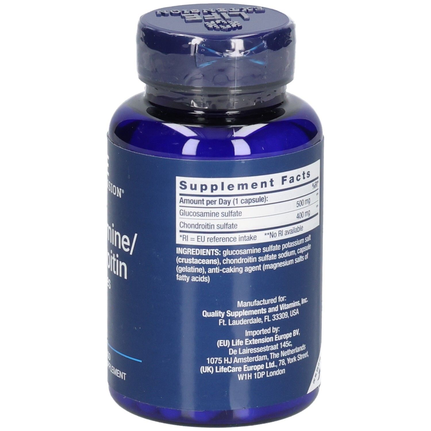 Rückseite der blauen Flasche mit Kapseln. Text: Nährwertangaben, Inhaltsstoffe, hergestellt von Quality Supplements.