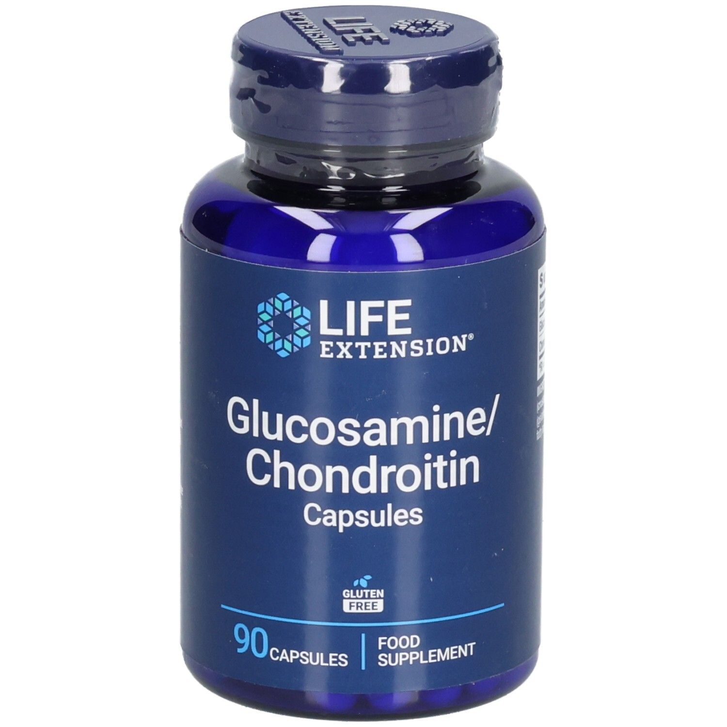 Blaue Flasche mit Kapseln. Aufschrift: LIFE EXTENSION, Glucosamin/Chondroitin Capsules, 90 Kapseln. Glutenfrei.