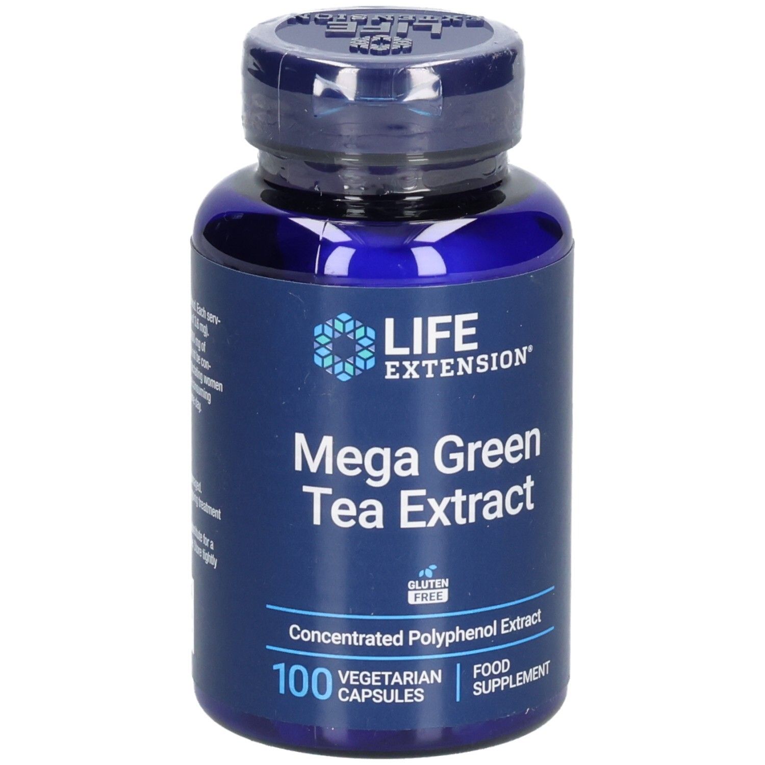Blaue Flasche mit Kapseln. Aufschrift: Life Extension, Mega Green Tea Extract, 100 vegetarische Kapseln. Glutenfrei.