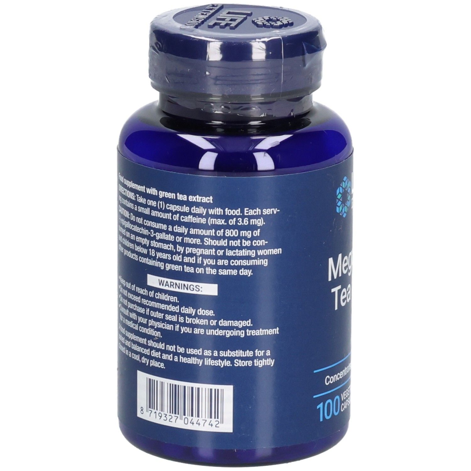 Blaue Flasche mit Kapseln. Aufschrift: Mega Green Tea Extract, 100 Kapseln. Rückseite mit Informationen und Barcode.