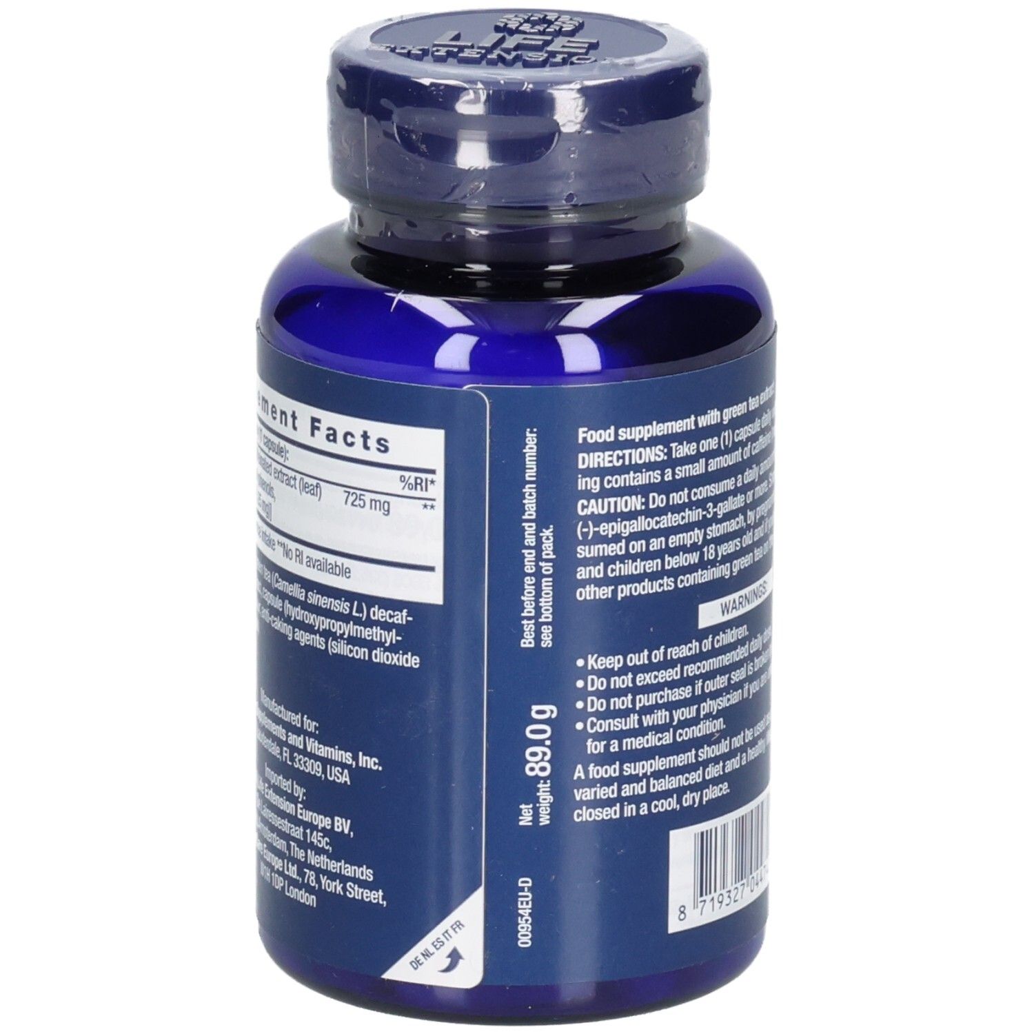 Blaue Flasche mit Kapseln. Aufschrift: Mega Green Tea Extract, 100 Kapseln. Rückseite mit Nährwertangaben und Gewicht.