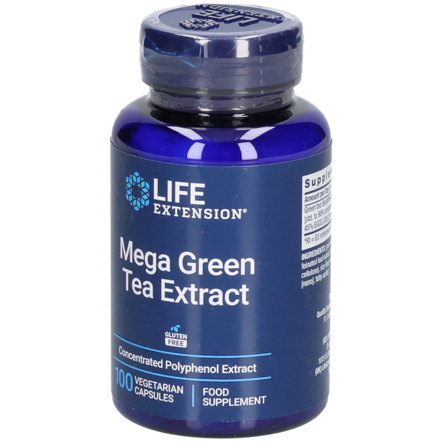 Blaue Flasche mit Kapseln. Aufschrift: Life Extension, Mega Green Tea Extract, 100 vegetarische Kapseln. Glutenfrei.