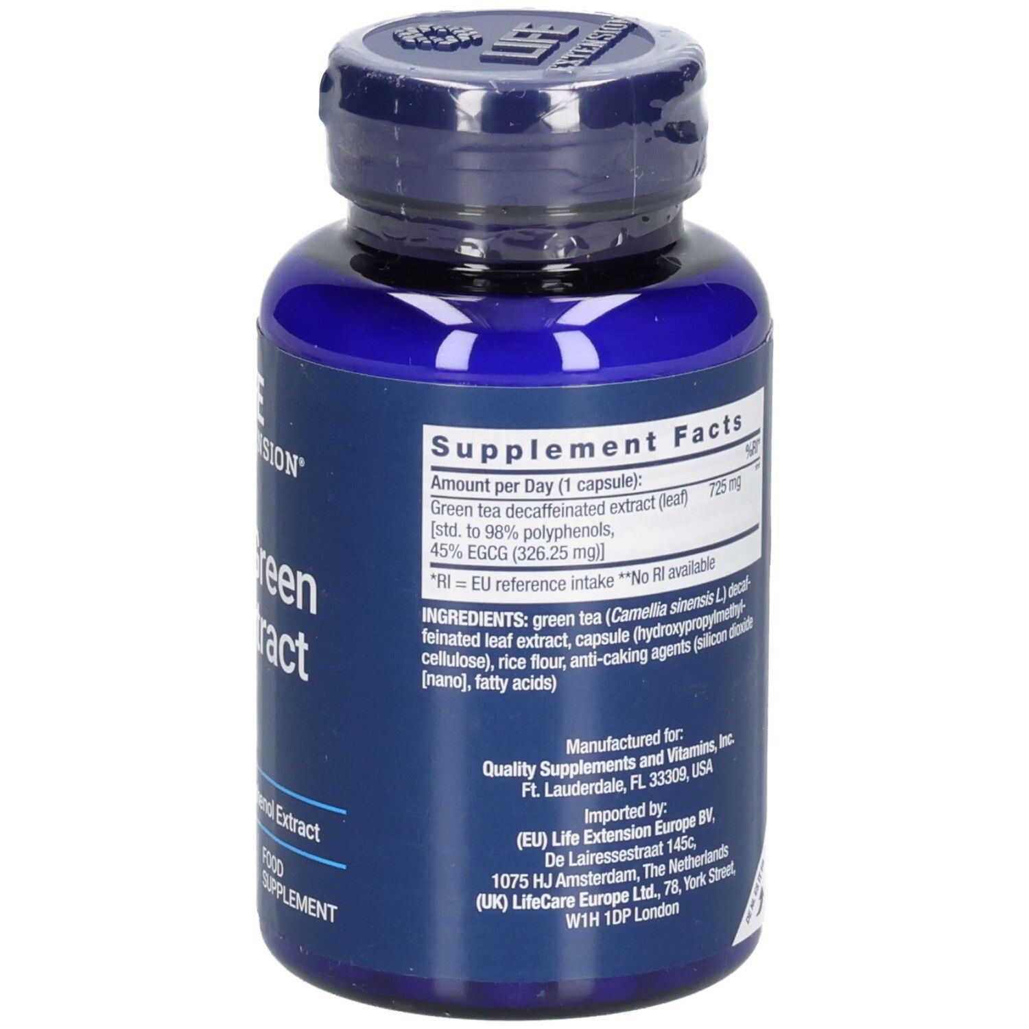 Blaue Flasche mit Kapseln. Aufschrift: Mega Green Tea Extract. Rückseite mit Nährwertangaben und Inhaltsstoffen.