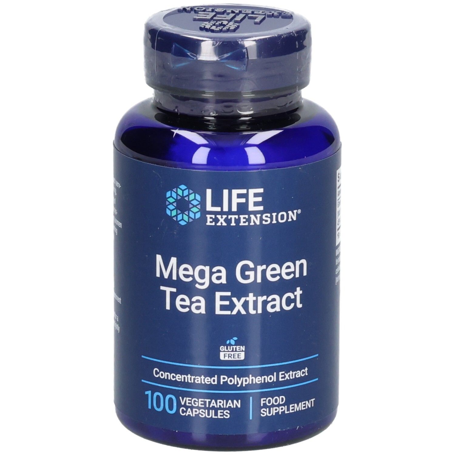 Blaue Flasche mit Kapseln. Aufschrift: Life Extension, Mega Green Tea Extract, 100 vegetarische Kapseln. Glutenfrei.