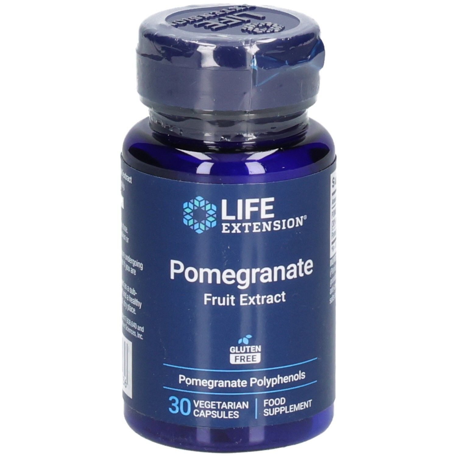 Blaue Flasche mit Kapseln. Aufschrift: LIFE EXTENSION Pomegranate Fruit Extract. 30 vegetarische Kapseln. Glutenfrei.