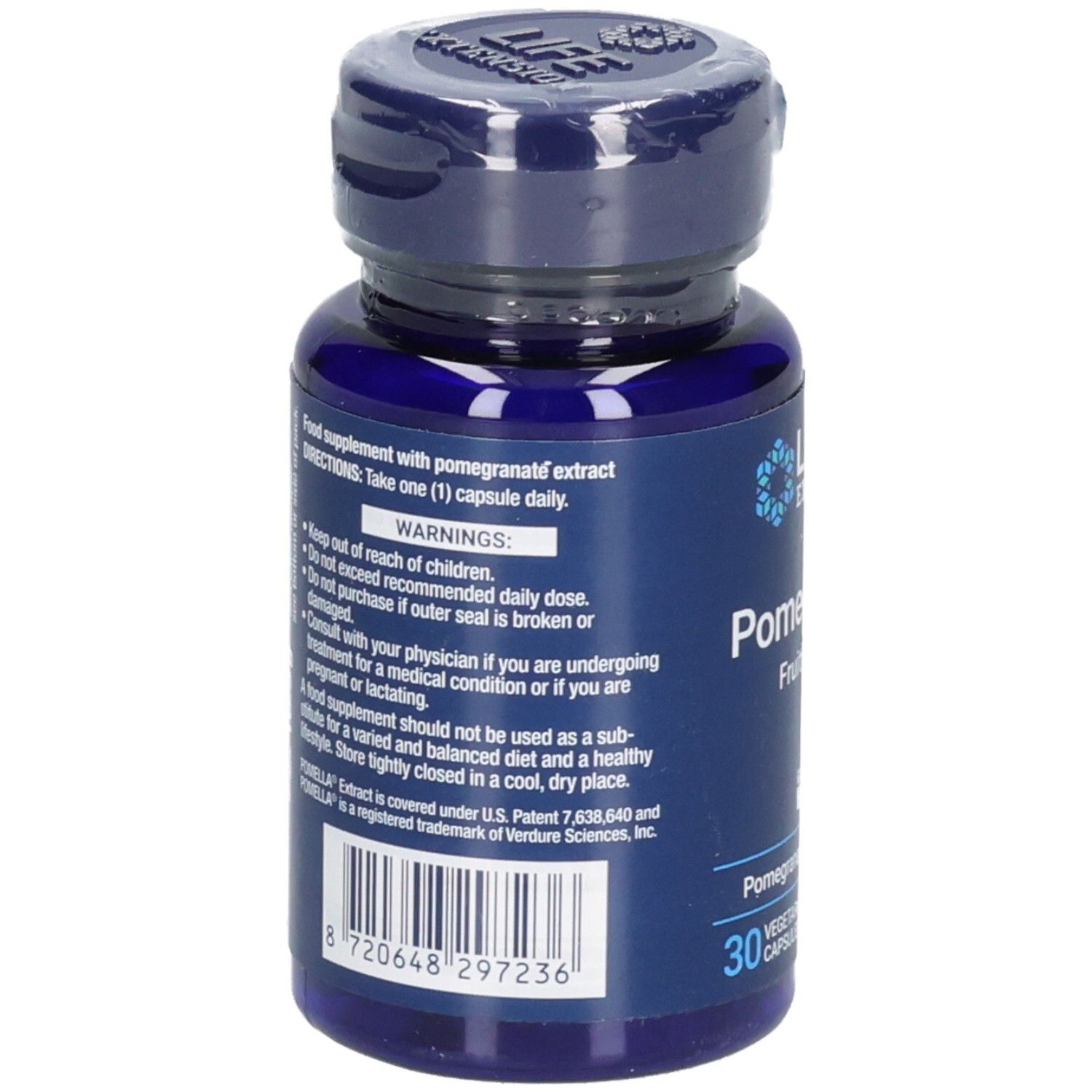 Rückseite der blauen Flasche mit Kapseln. Aufschrift: Pomegranate Fruit Extract. Warnhinweise und Inhaltsstoffe.