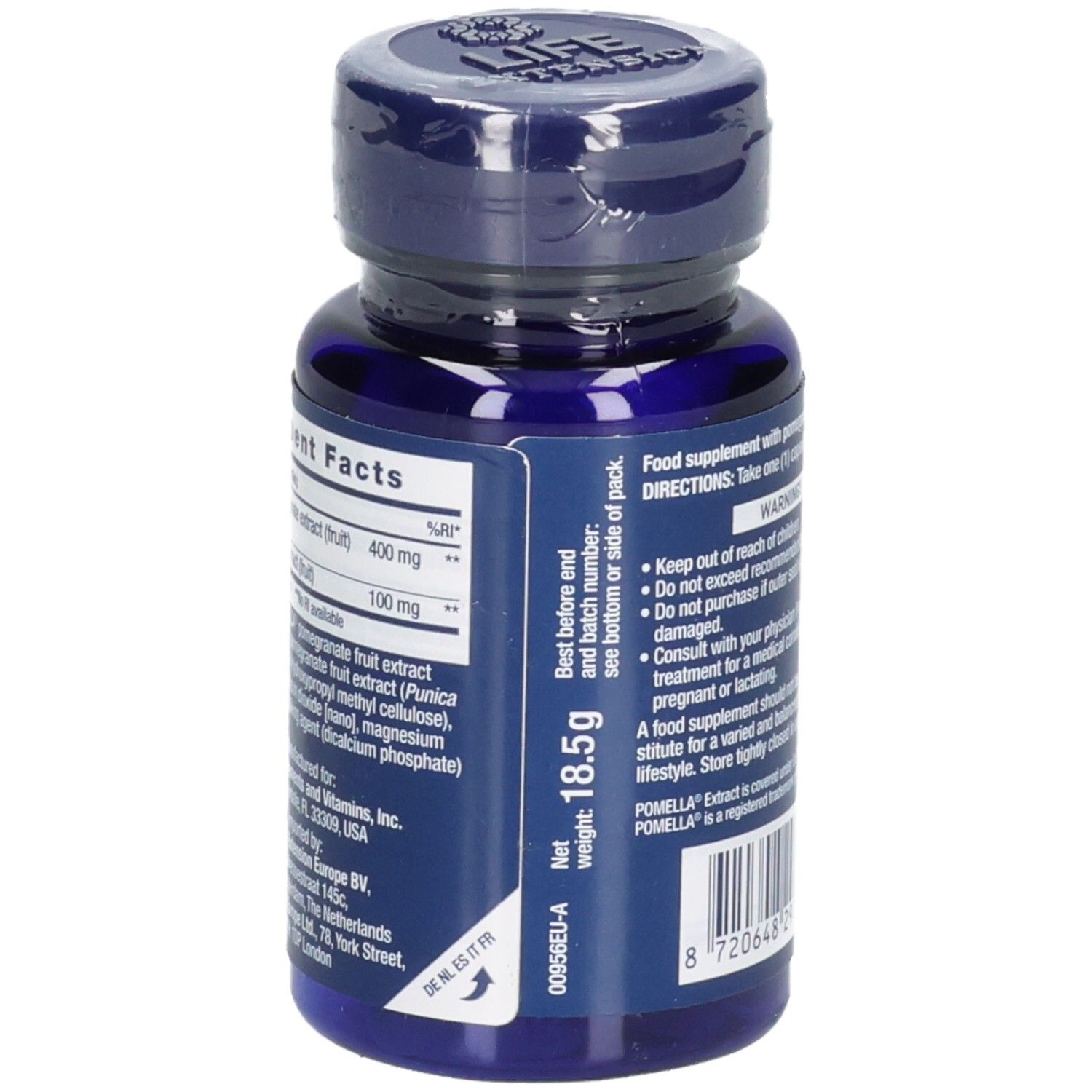 Blaue Flasche mit Kapseln. Aufschrift: Pomegranate Fruit Extract. Nährwertangaben und Nettogewicht 18,5g.
