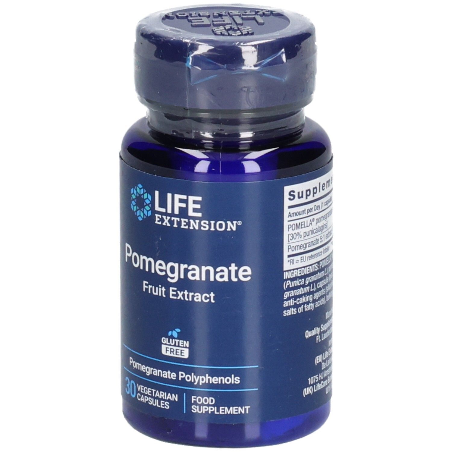 Blaue Flasche mit Kapseln. Aufschrift: LIFE EXTENSION Pomegranate Fruit Extract. 30 vegetarische Kapseln. Glutenfrei.
