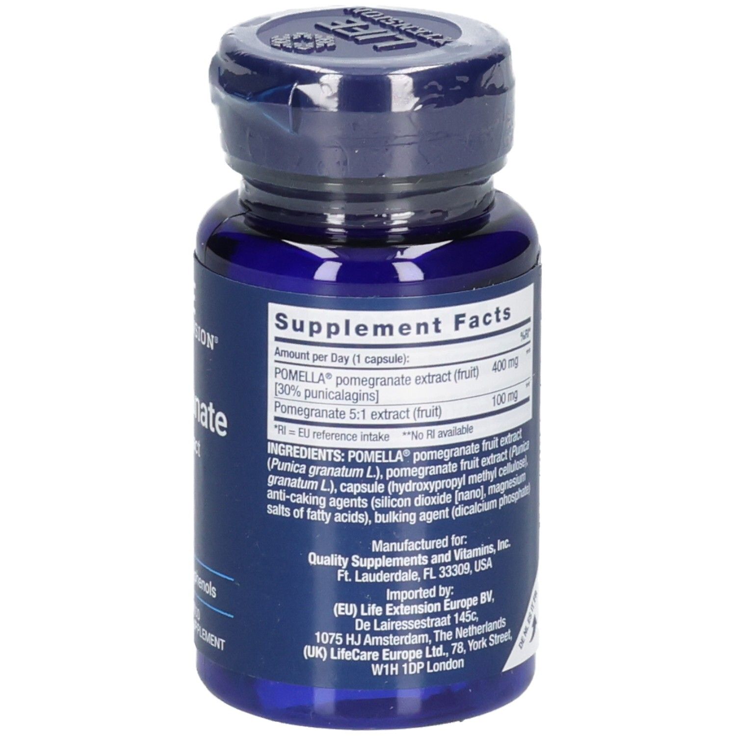Blaue Flasche mit Kapseln. Aufschrift: Pomegranate Fruit Extract. Nährwertangaben und Inhaltsstoffe.