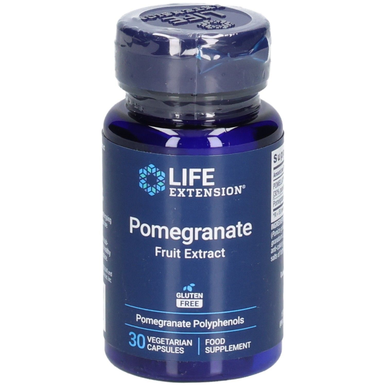 Blaue Flasche mit Kapseln. Aufschrift: LIFE EXTENSION Pomegranate Fruit Extract. 30 vegetarische Kapseln. Glutenfrei.
