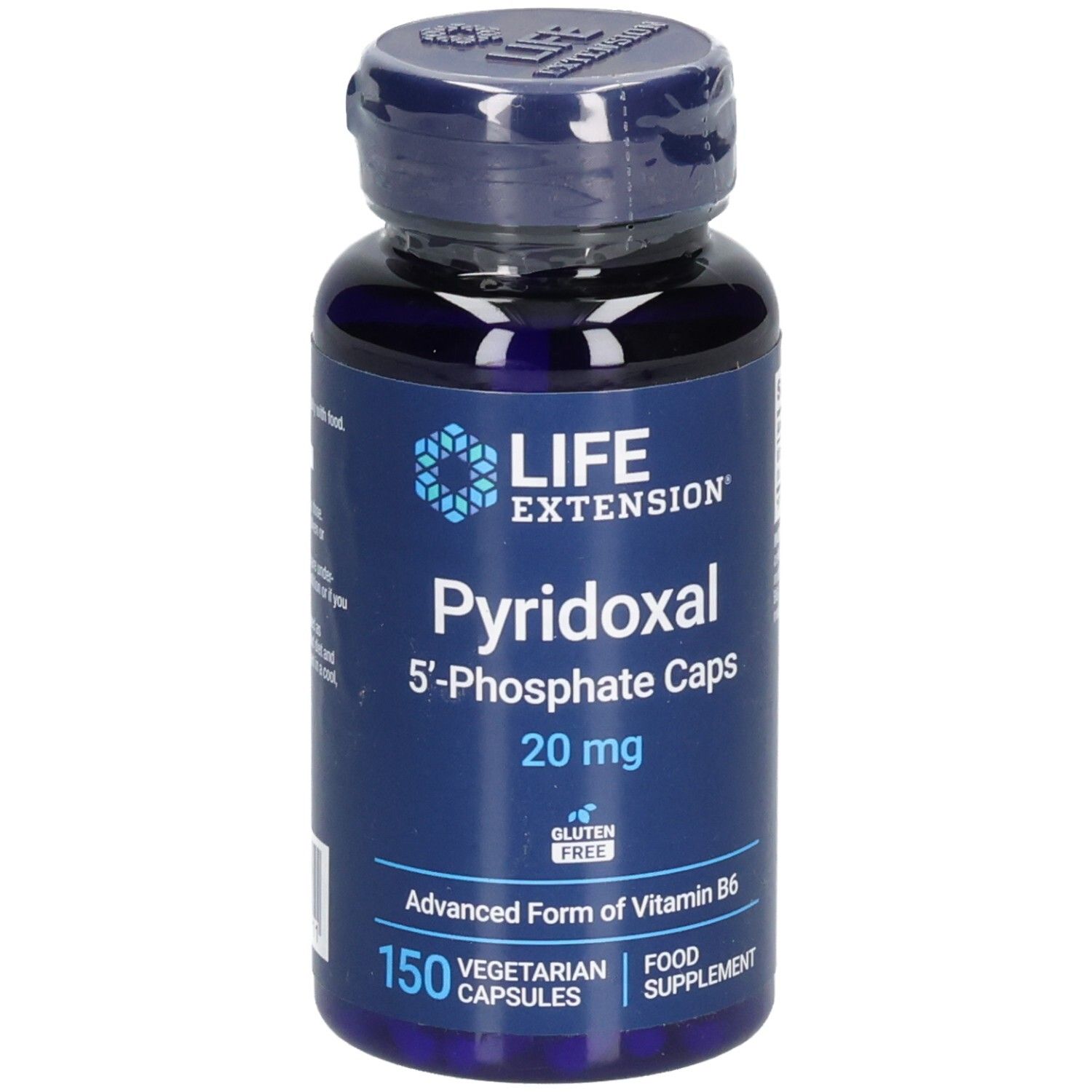 Blaue Flasche mit Kapseln. Aufschrift: PYRIDOXAL 5'-Phosphate Caps 20 mg. 150 vegetarische Kapseln. Glutenfrei.