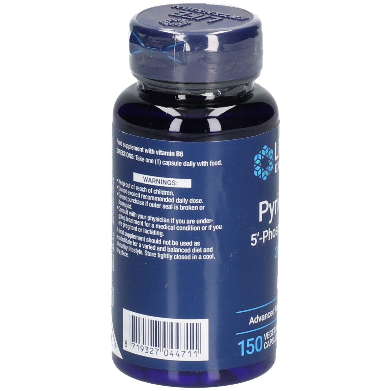 Rückseite der blauen Flasche. Text: Warnhinweise, Inhaltsstoffe, Barcode. PYRIDOXAL 5'-Phosphate Caps. 150 vegetarische Kapseln.