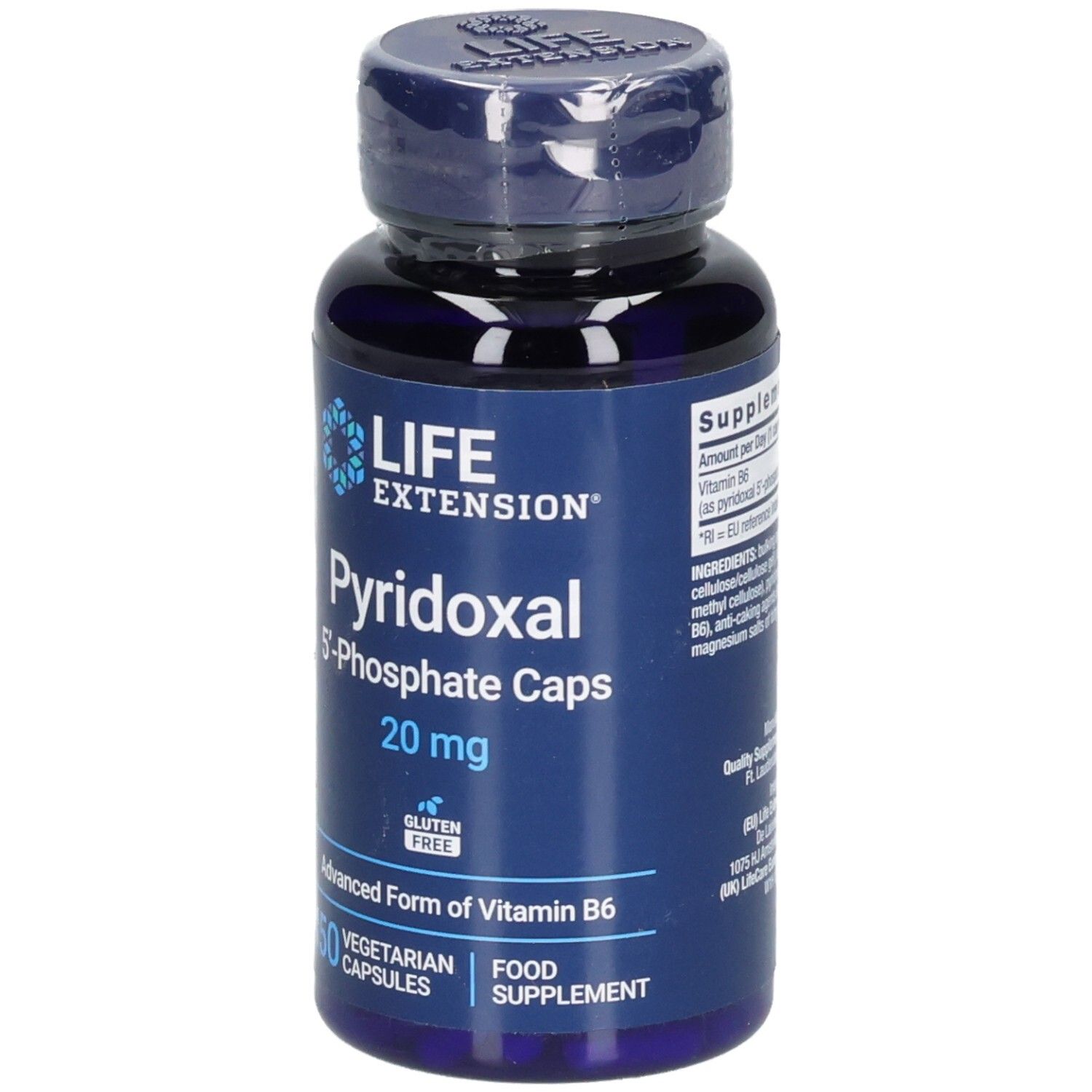 Blaue Flasche mit Kapseln. Aufschrift: PYRIDOXAL 5'-Phosphate Caps 20 mg. 60 vegetarische Kapseln. Glutenfrei.