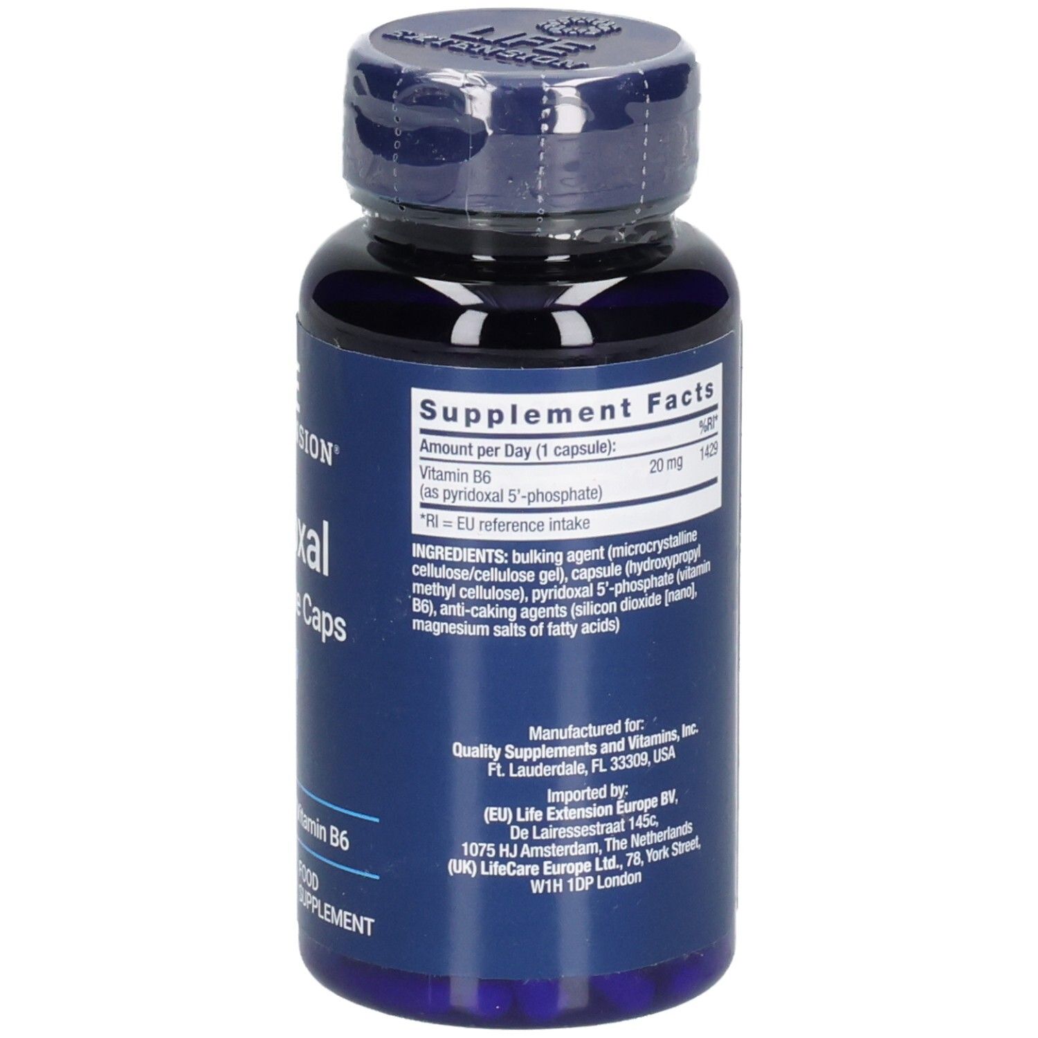 Rückseite der blauen Flasche. Text: Nährwertangaben, Inhaltsstoffe. PYRIDOXAL 5'-Phosphate Caps. Vitamin B6.