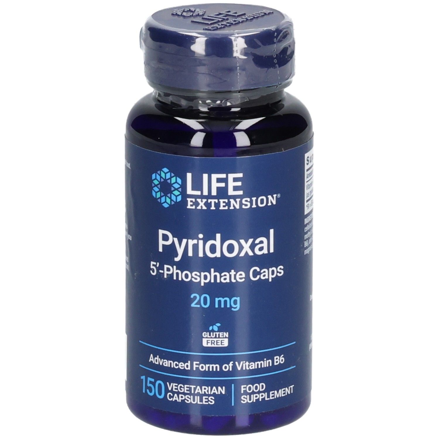 Blaue Flasche mit Kapseln. Aufschrift: PYRIDOXAL 5'-Phosphate Caps 20 mg. 150 vegetarische Kapseln. Glutenfrei.
