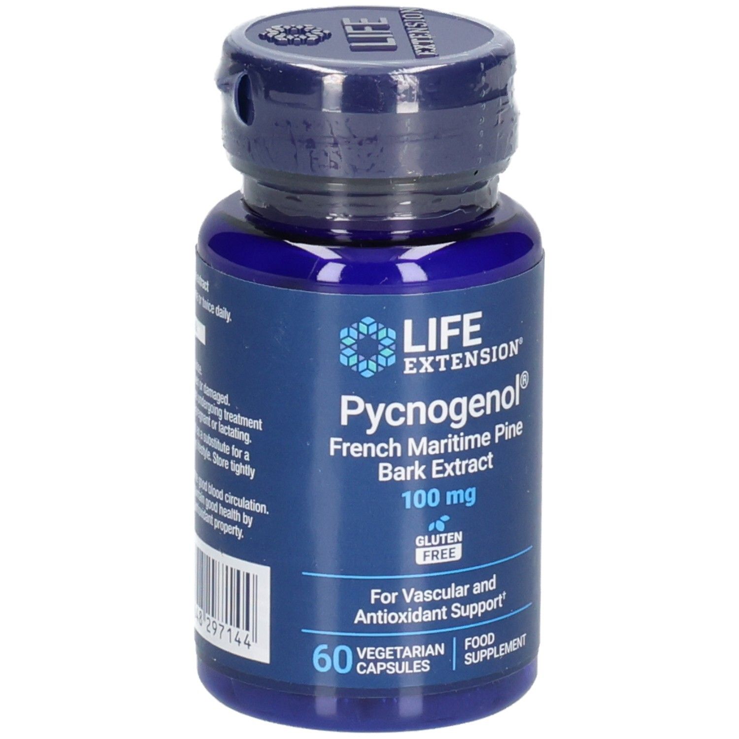 Blaue Flasche mit Kapseln. Aufschrift: Pycnogenol, 100 mg, 60 vegetarische Kapseln. Glutenfrei. Für Gefäß- und Antioxidantienunterstützung.