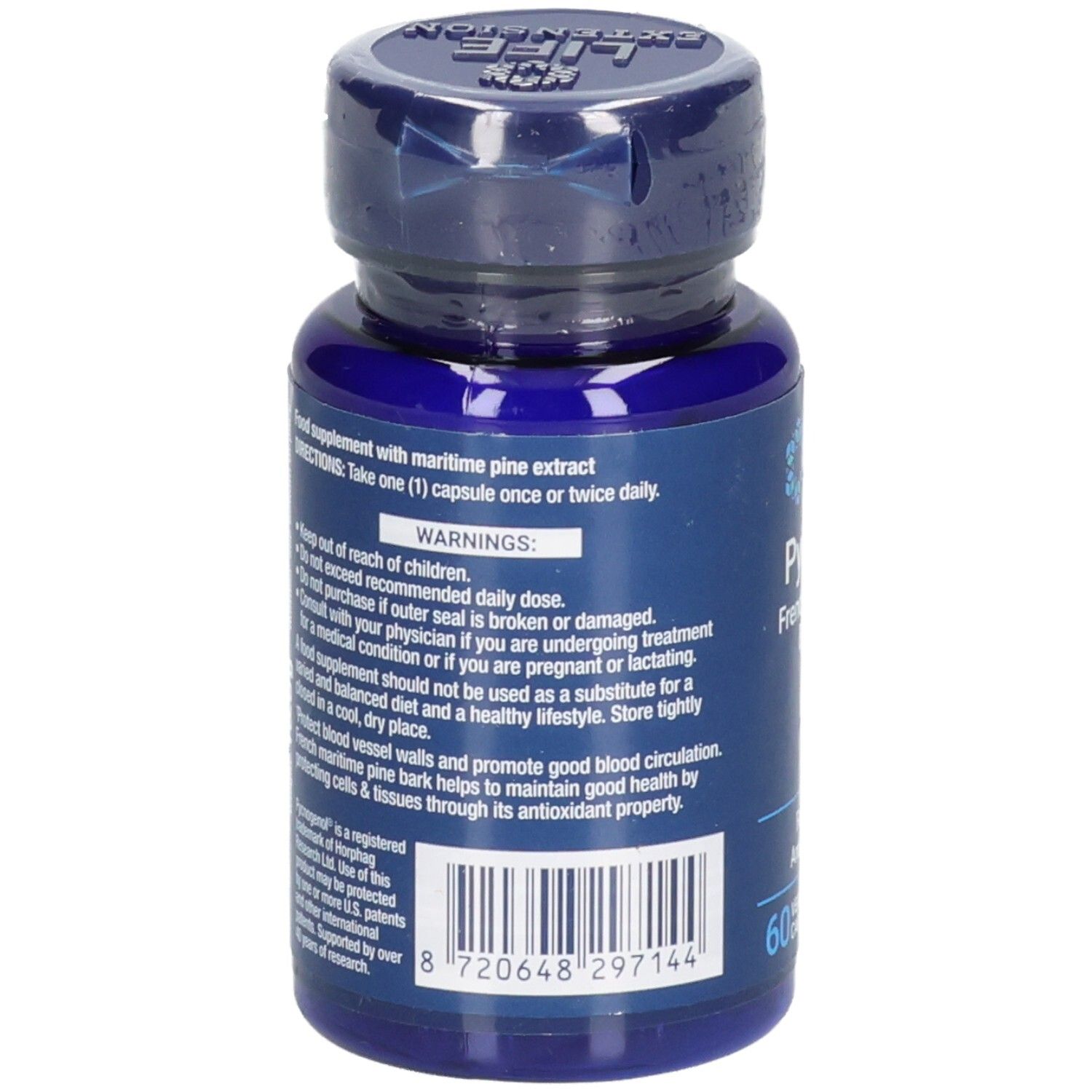 Rückseite einer blauen Flasche mit Kapseln. Text: Warnhinweise, Inhaltsstoffe, Chargennummer, Barcode. 60 Kapseln.