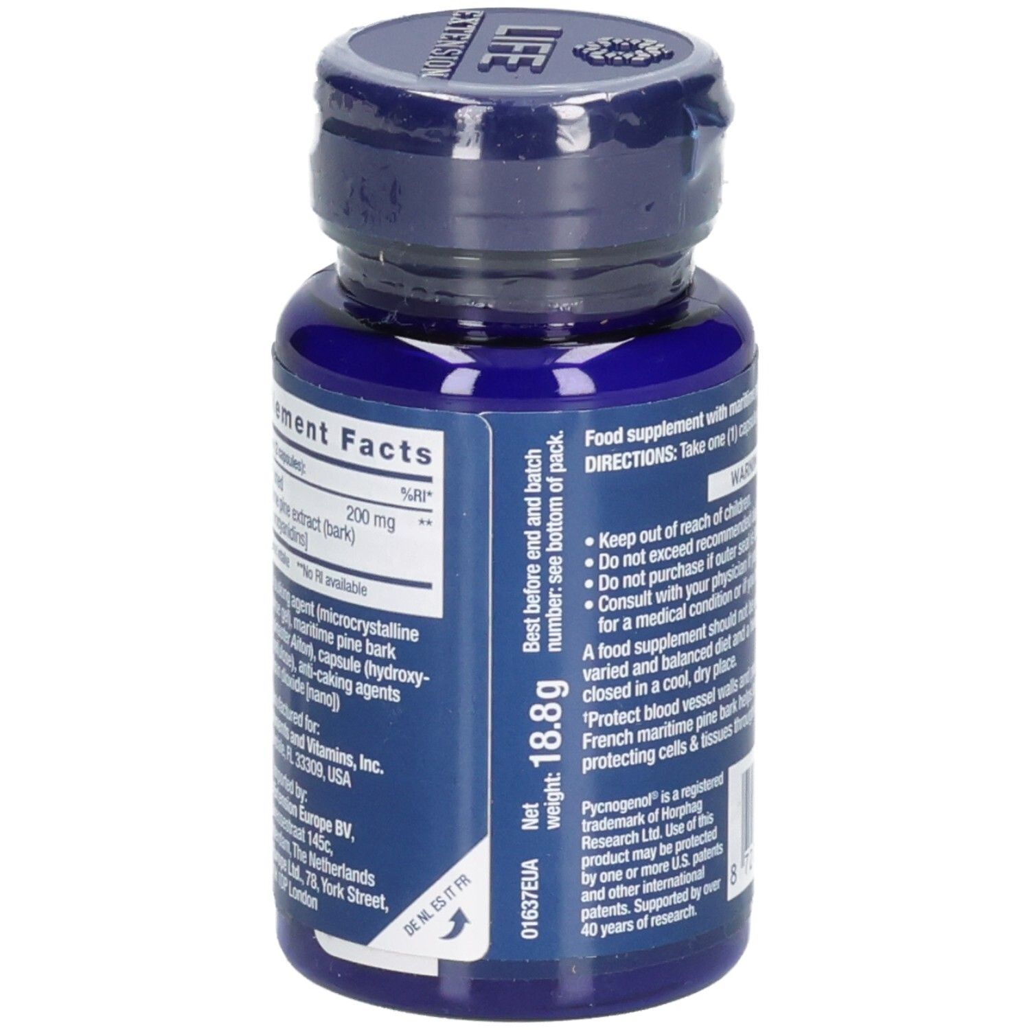 Blaue Flasche mit Kapseln. Text: Nährwertangaben, Nettogewicht 18,8g, Inhaltsstoffe. Mindestens haltbar bis, Chargennummer.